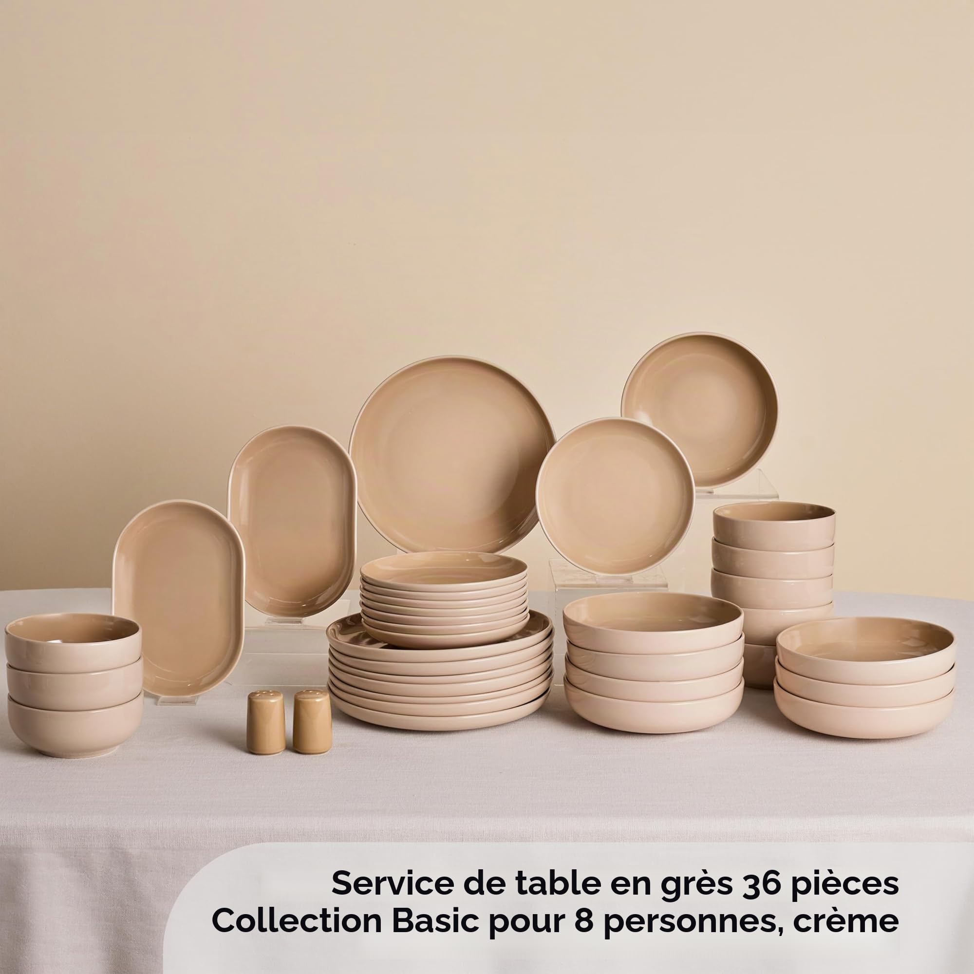 Karaca Basic Collection Service de table 36 pièces en céramique pour 8 personnes, passe au lave-vaisselle, au micro-ondes, assiettes plates, bols à pâtes, assiettes à dessert, bols à soupe, plateaux