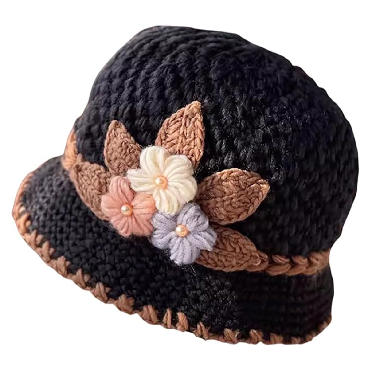 French Thicken Mujeres Flores Sombrero de Punto Elegante Gorro de Dama Sombrero de Cubo de Ganchillo para el Invierno, Sombrero Vintage de Flores Ganchillo Sombrero Hueco Sombrero de