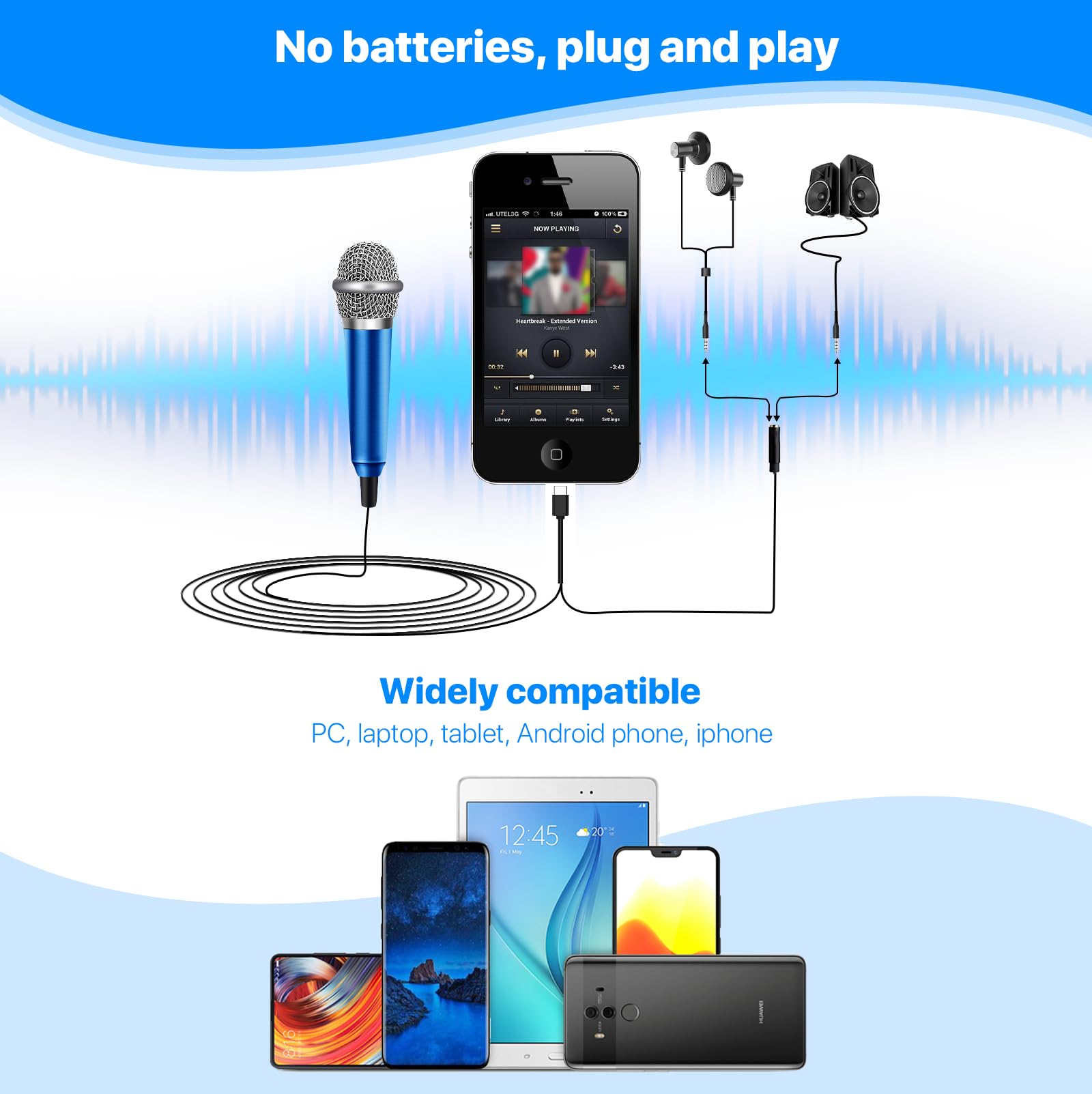 JeMii USB Type-C Mini Microphone - Portable Vocal Asmr Phone Karaoke Microphone for Android Voice Video Recording Singing, Vlogging (Black Blue)