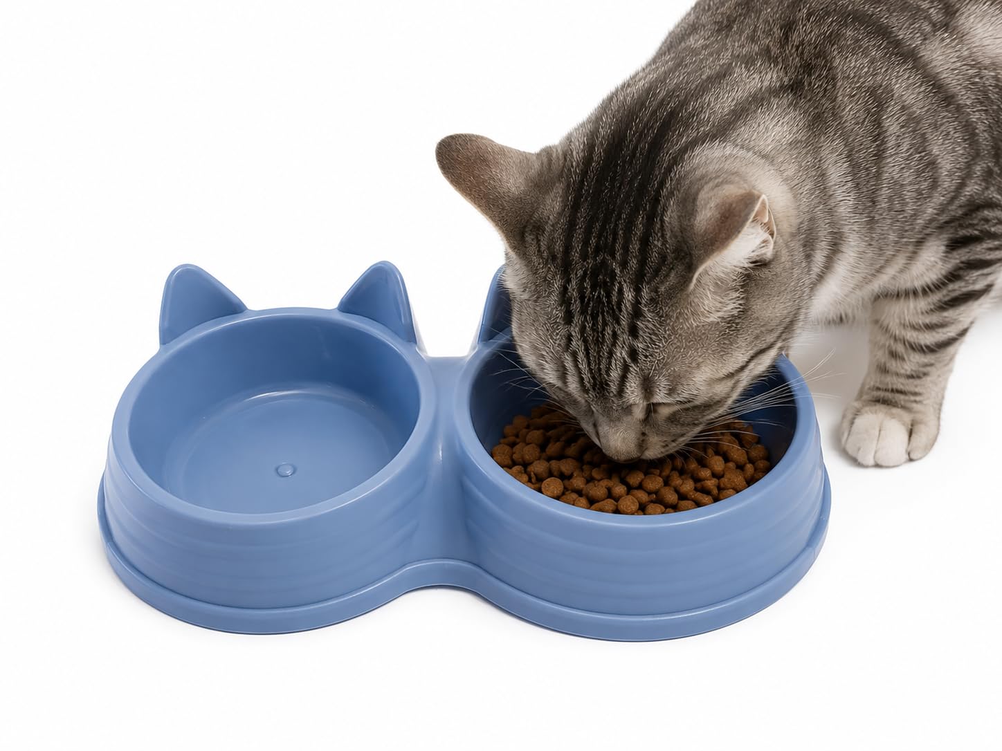 Twin Cat Face Bowl, Dual Design for Food and Water, Pet-Safe Plastic, Non-Slip Base, Suitable (Blue)