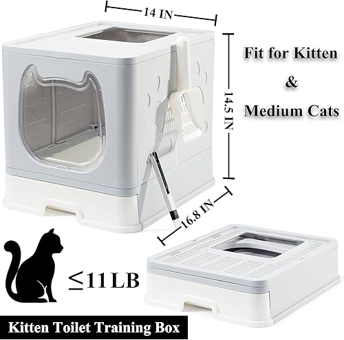 Miniatura 6 de Vealind Caja de arena plegable para gatos con tapa para gatos pequeños y medianos, entrada superior para gatos en crecimiento, tipo cajón con Gris
