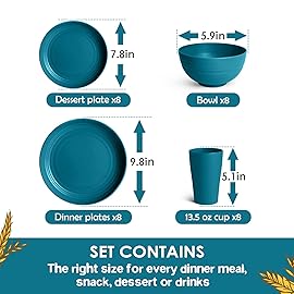 Teivio 32-Piece Kitchen Plastic Wheat Straw Dinnerware Set, Service for 8, Dinner Plates, Dessert Plate, Cereal Bowls, Cups, Unbreakable Colorful Plastic Outdoor Camping Dishes, Dark Blue