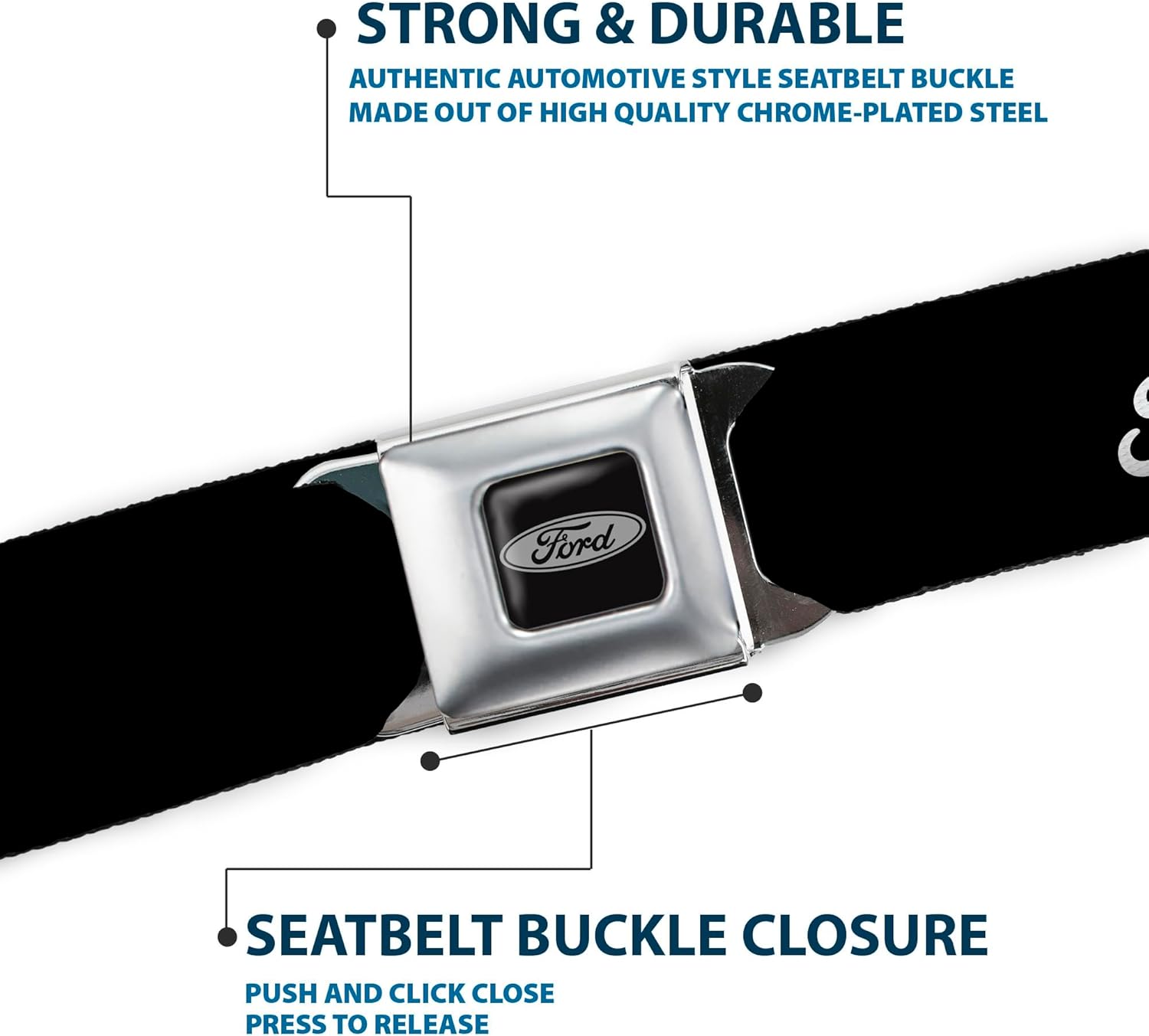 Buckle-Down Seatbelt Belt - FORD Script Single Black/White - 1.0" Wide - 20-36 Inches in Length