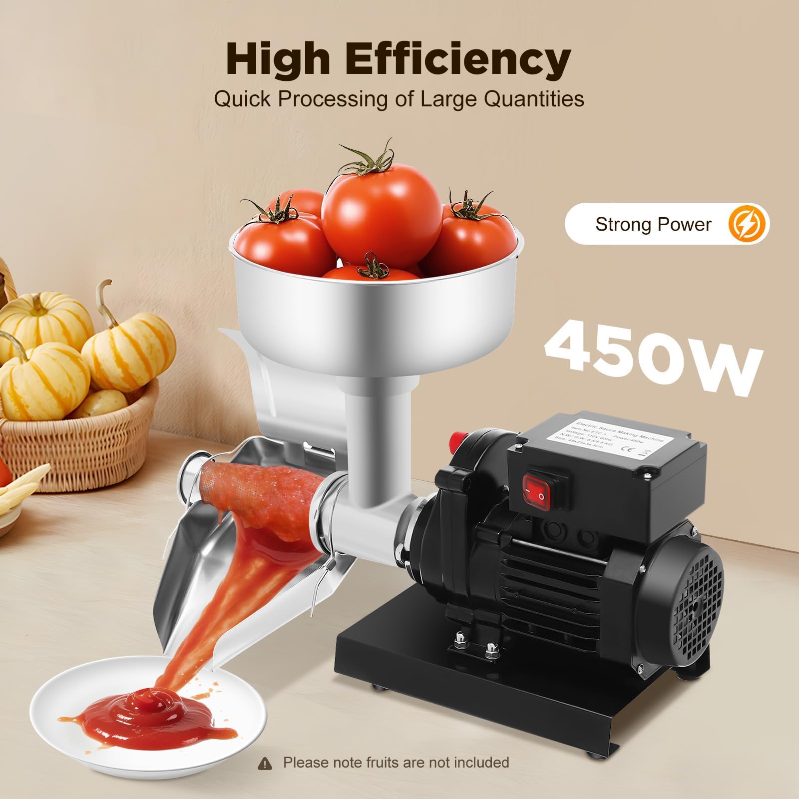Passapomodoro Elettrico 450 W, Macchina Professionale per Salse | Produzione 20–60 kg/h, Grande Imbuto, Scivolo Regolabile e Acciaio Inox per Passata, Purè e Salse