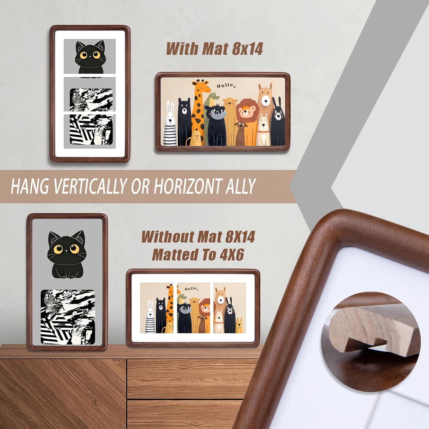8x14 Picture Frame Set of 1,Solid Walnut Wood Frame with Real Glass,Rounded Edge Wooden Photo Frame Matted to 8x14 Photo without mat or three 4x6 picture with mat, For TableTop and Wall Decoration.