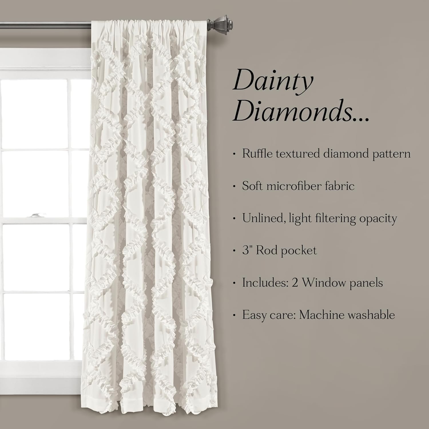 Lush Decor Ruffle Diamond Window Curtain Panel Pair, 63 in x 54 in, White