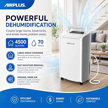 AIRPLUS 4,500 Sq.Ft 70 Pint Dehumidifiers for Basement and Home-with Drain Hose,Efficient,Energy-with Dual Protection and 4 Smart Modes,24H Timer,Defrost,for Large room