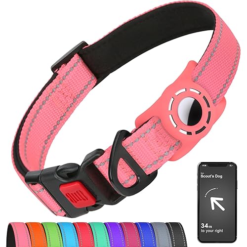 AirTag Dog Collar with AirTag Holder Compatible for Air Tag, Reflective Soft Padded, Safety Locking Buckle, Adjustable Nylon for Small Medium Large Dogs (Pink,M)