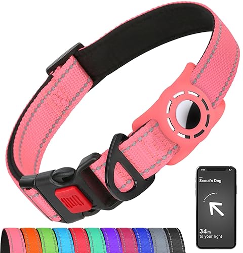 Erbine Airtag Dog Collar with AirTag Holder for Small Dogs, Reflective, Soft Padded & Safety Locking Buckle, Nylon Pet Collars Adjustable for All Breeds, Pink,S