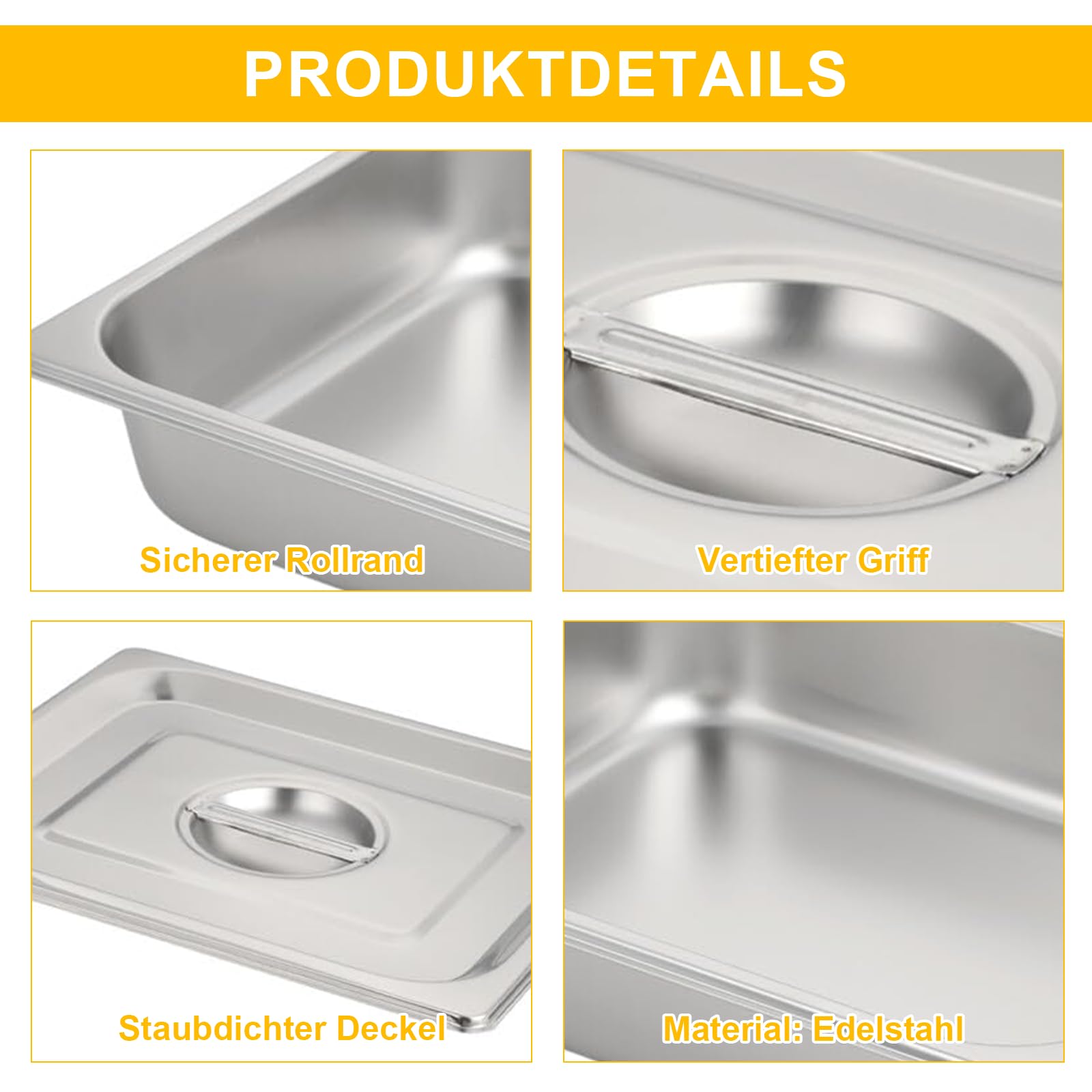 Set di 6 ciotole per panatura con coperchio, GN 1/3, in acciaio inox, 32,5 x 17,5 x 6,5 cm, panierstrasse, rettangolari, in metallo, ideali per cotolette, carne, pesce