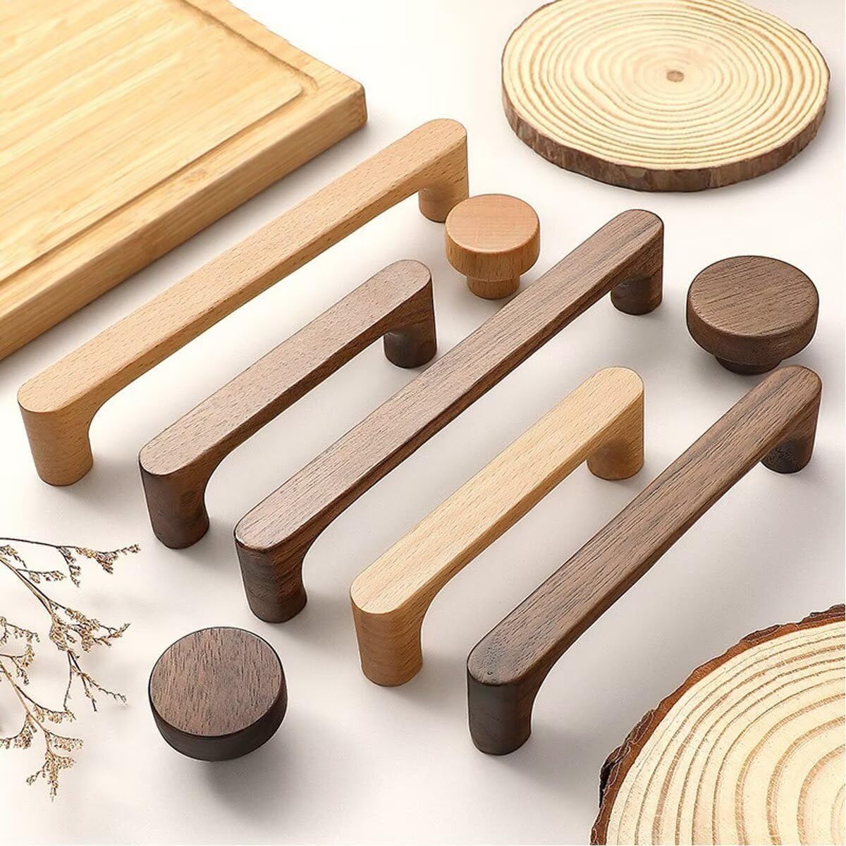 10Pcs Wooden Knobs, Natural Walnut Wood Kitchen Cabinet Pulls Retro Style Wood Handles for Living Room Children's Room with Screw,Hole Distance:128mm