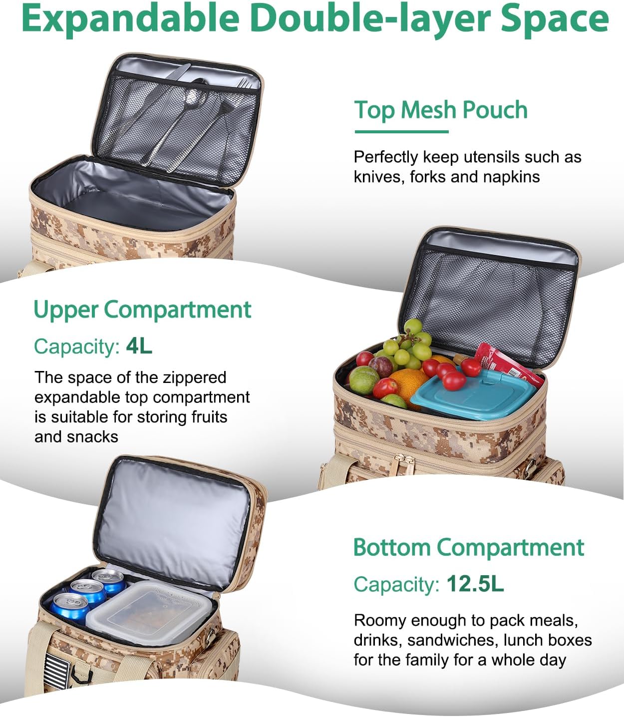 Tactical Lunch Box for Men, Large Insulated Lunch Bag for Adult, Heavy Duty Double Deck Expandable Lunch Cooler Bag with American Flag, Leakproof Soft Lunch Pail for Work Office Camping - Camo khaki - Image 3