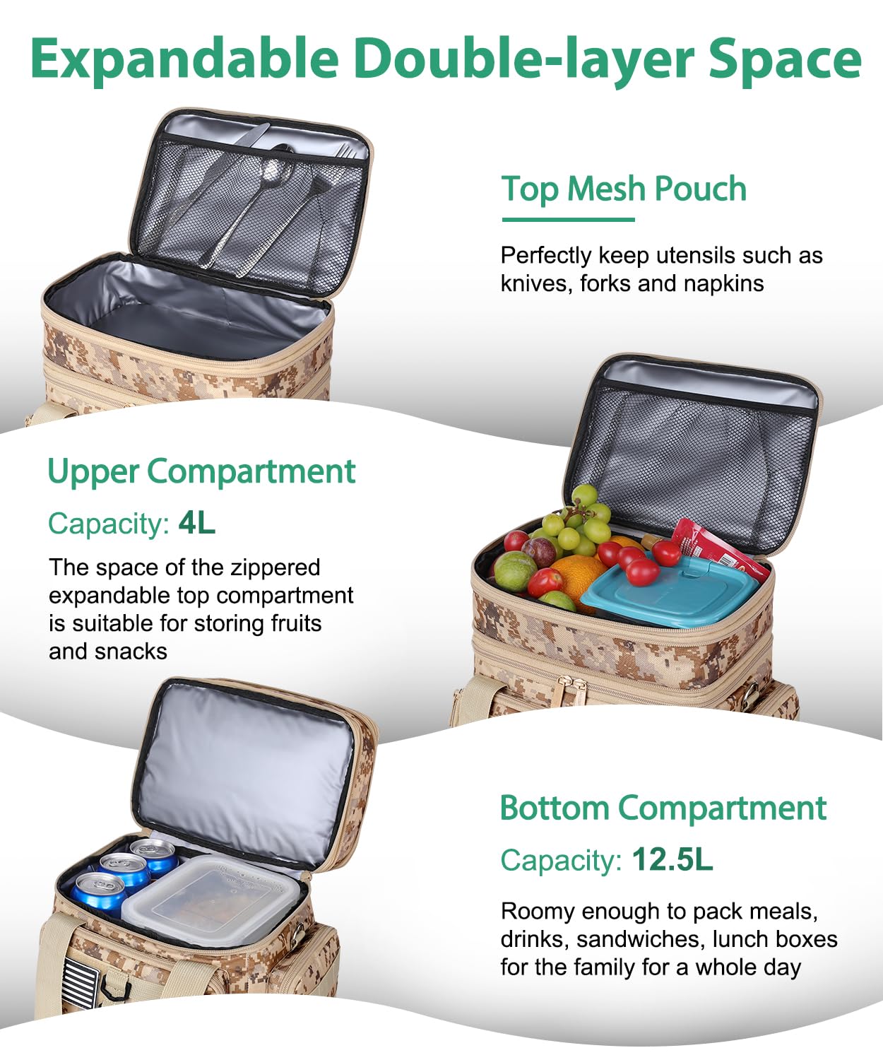 Lonchera táctica para hombres, bolsa de almuerzo grande aislada para adultos, resistente de doble cubierta expandible, con bandera estadounidense, lonchera suave a prueba de fugas para el trabajo 3