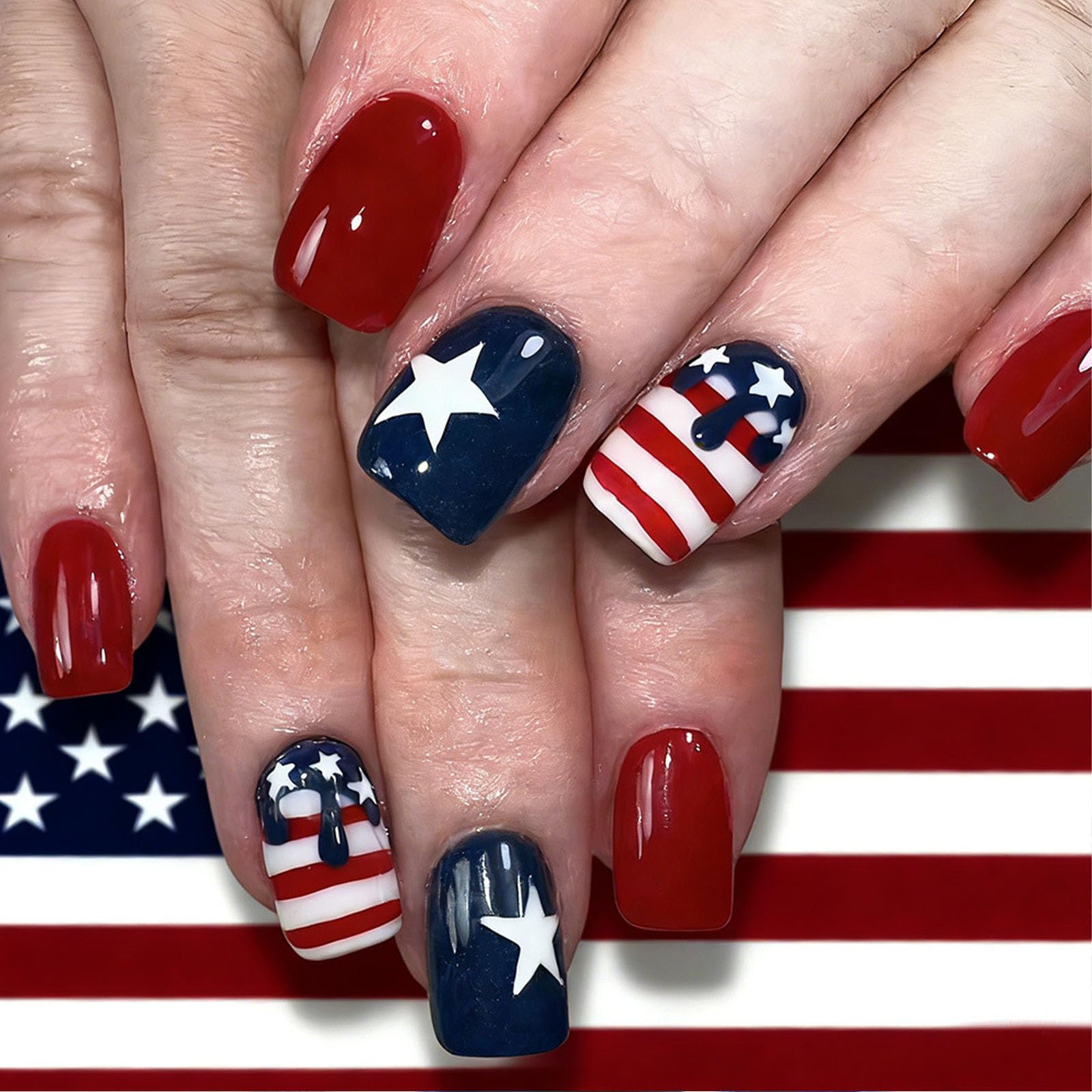 Photo 1 of 4th of July Press on Nails Short Square Fourth of July Fake Nails with Stars Stripes Designs Red White Blue Independence Day Acrylic Glue Stick on Nails Press ons for Women 24 Pcs