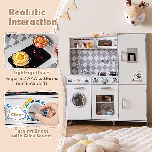 Miniatura 2 de HONEY JOY Juego de cocina para niños, juego de cocina de madera con máquina de hielo, estufa iluminada, armario de almacenamiento, lavadora