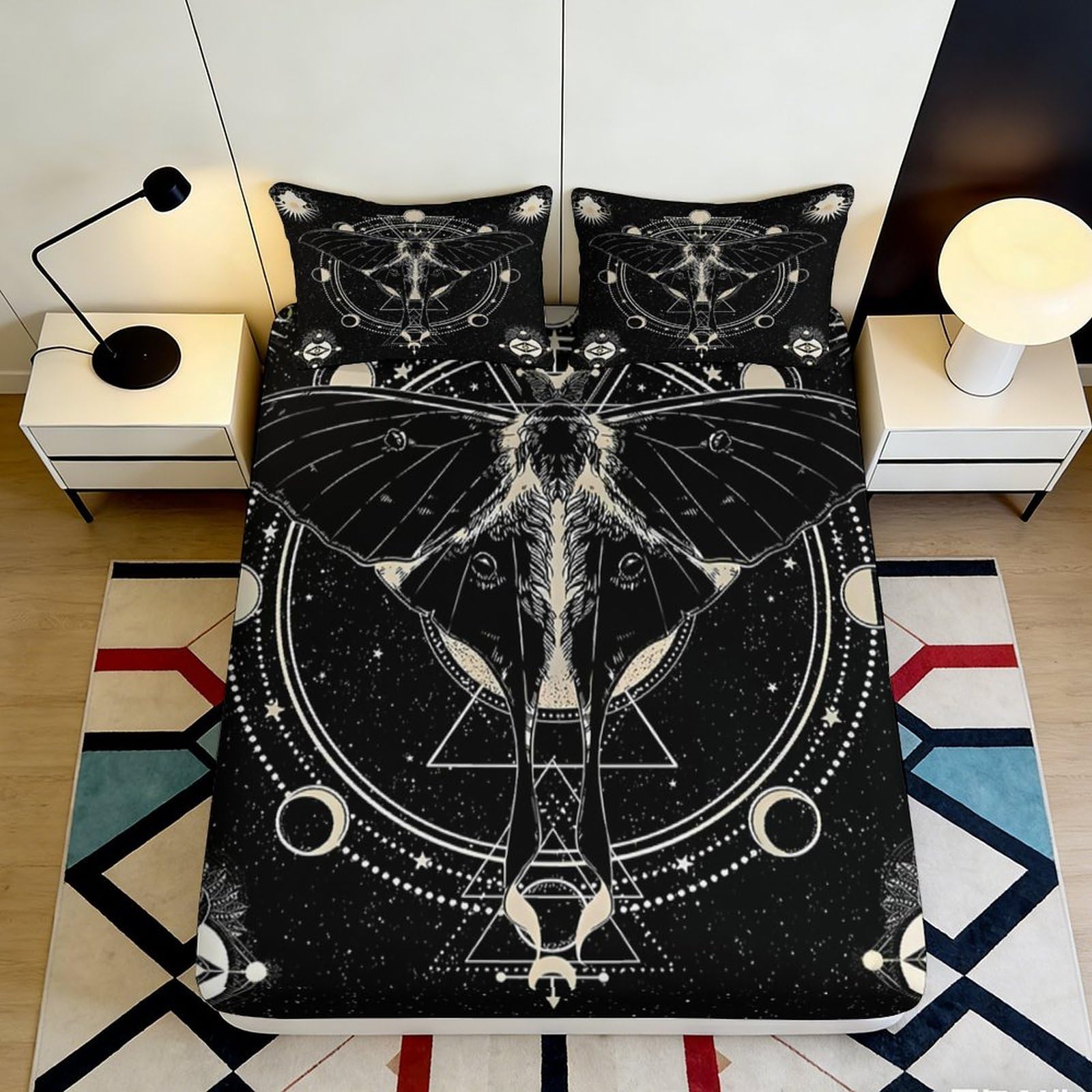 3D Printed Mystical Moth Fitted Sheet Microfiber Soft Breathable Celestial Pattern Bed Cover for Bedroom Dormitory Guest Room Mattress Protection Decor 200x200x25cm