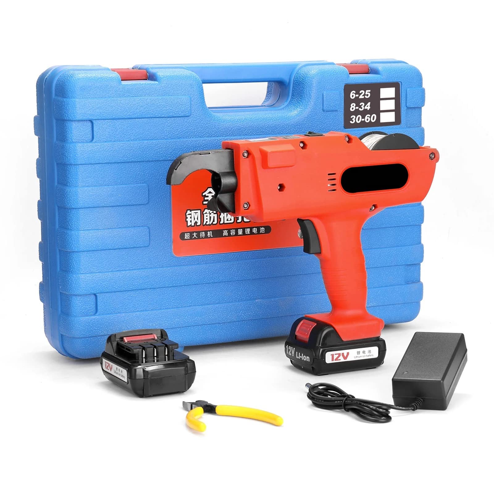 FAXIOAWA Pistola per Legare Tondo per Cemento Armato Automatica da 12 V, 8-34 mm, Senza Fili, Ricaricabile, per Legare Livelli di Tondo per Cemento Armato con 2 batterie
