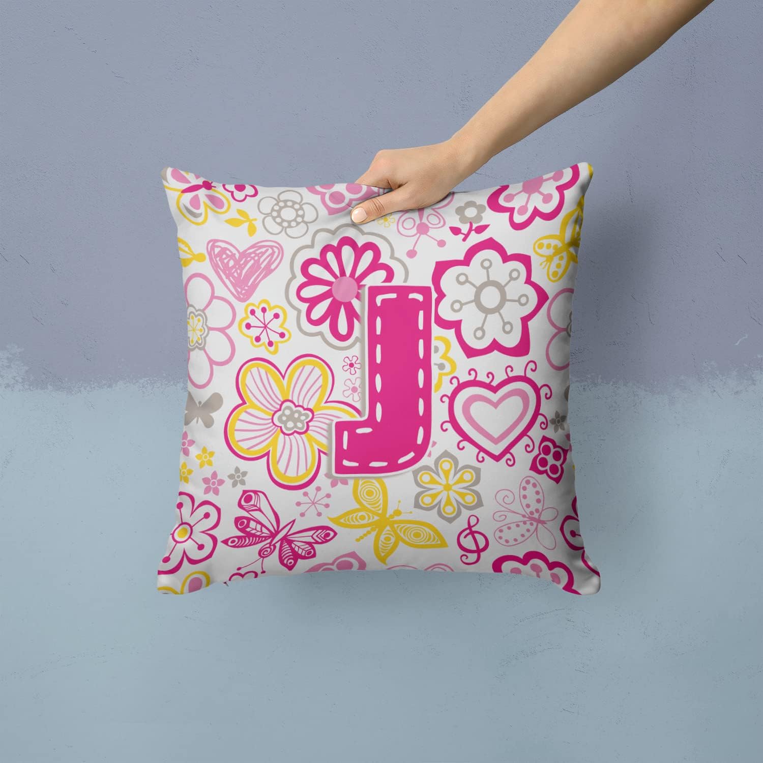 Caroline's Treasures CJ2005-JPW1414 Letter J Flowers and Butterflies Pink Fabric Decorative Pillow 100% Machine Washable Pillow, Indoor or Outdoor Decorative Throw Pillow for Couch, Bed or Patio