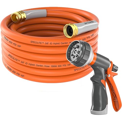 SPECILITE Garden Water Hose 25 ft x 5/8 in Heavy Duty, Flexible and Lightweight, Burst 600 psi, Kink-less Hybrid Rubber Pipe for Backyard, 3/4'' Brass Fittings, Orange