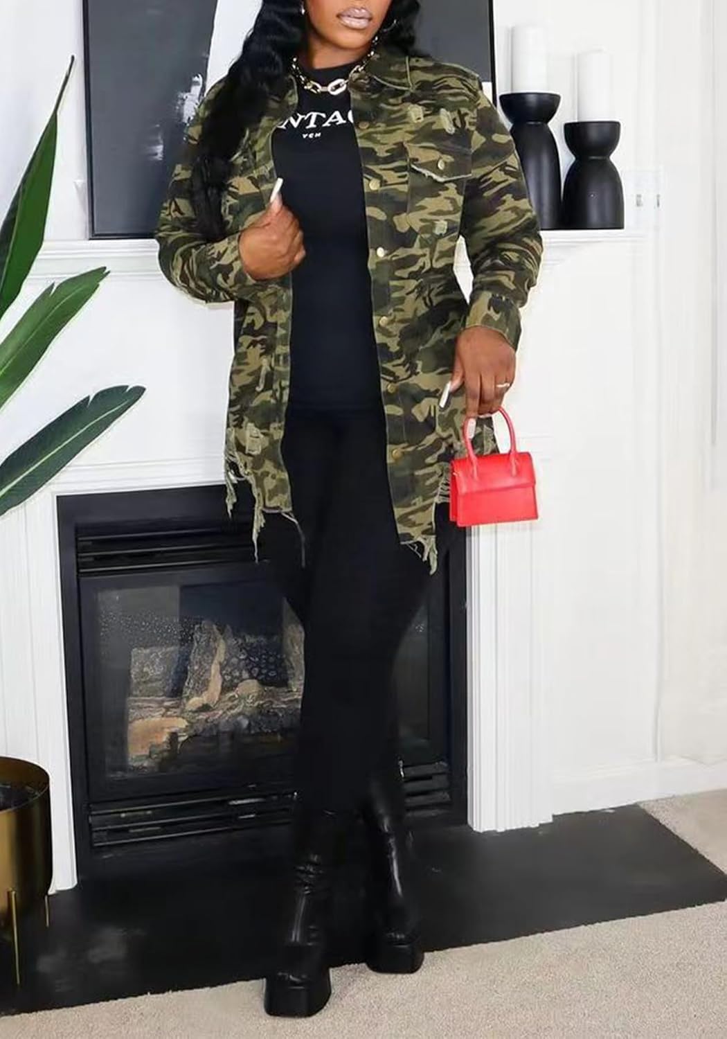 Vakkest Ripped Camo Jacket for Women Long Sleeve Casual Distressed Fray Fringe Hem Army Fatigue Trucker Outwear Coat - Image 3