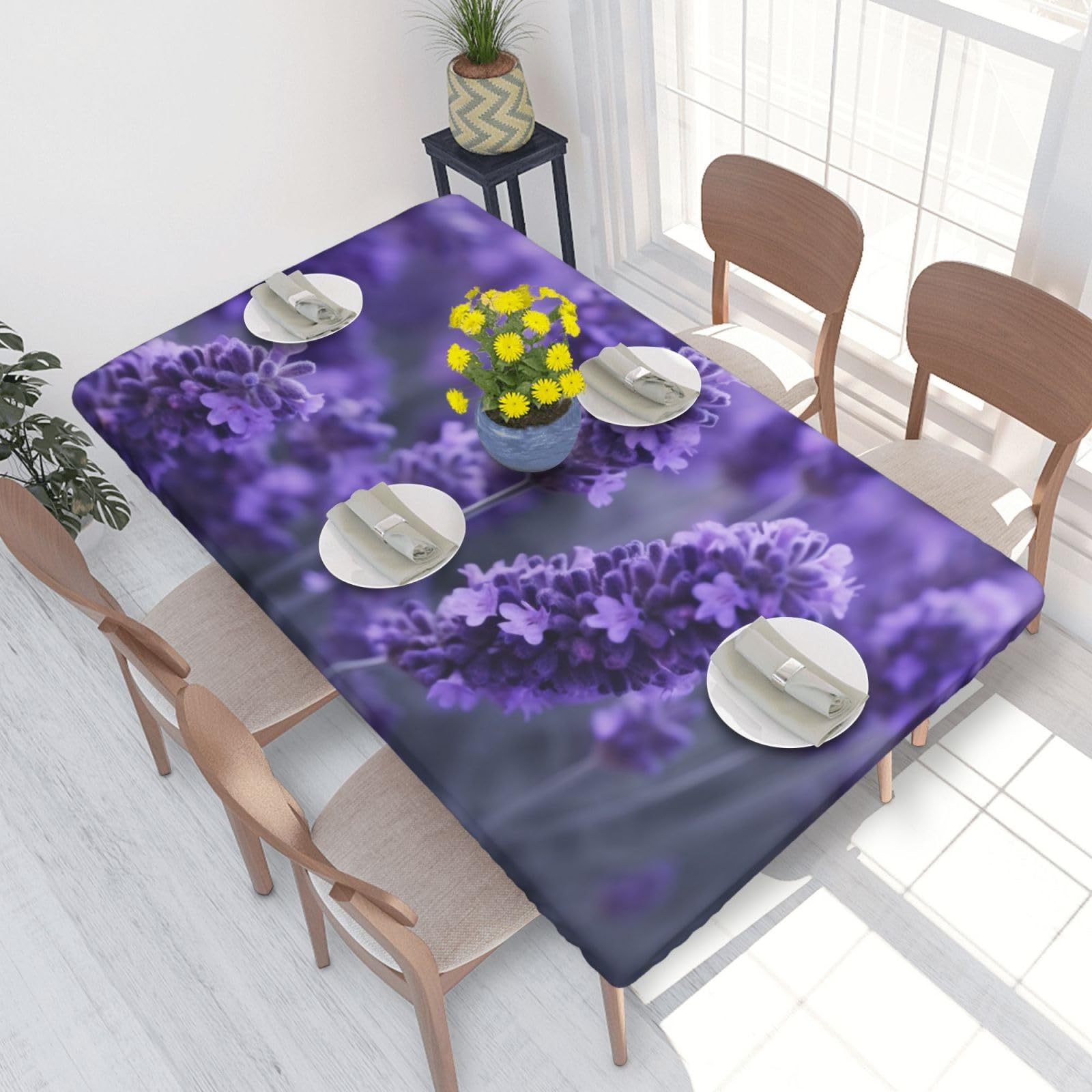 DCARSETCV Purple Lavender Colored Flowers Printed 4FT Waterproof Tablecloth with Elastic Edged Protect & Decor Your Table, Oil-proof Washable Table Cloth Cover for Dinner Picnic Party