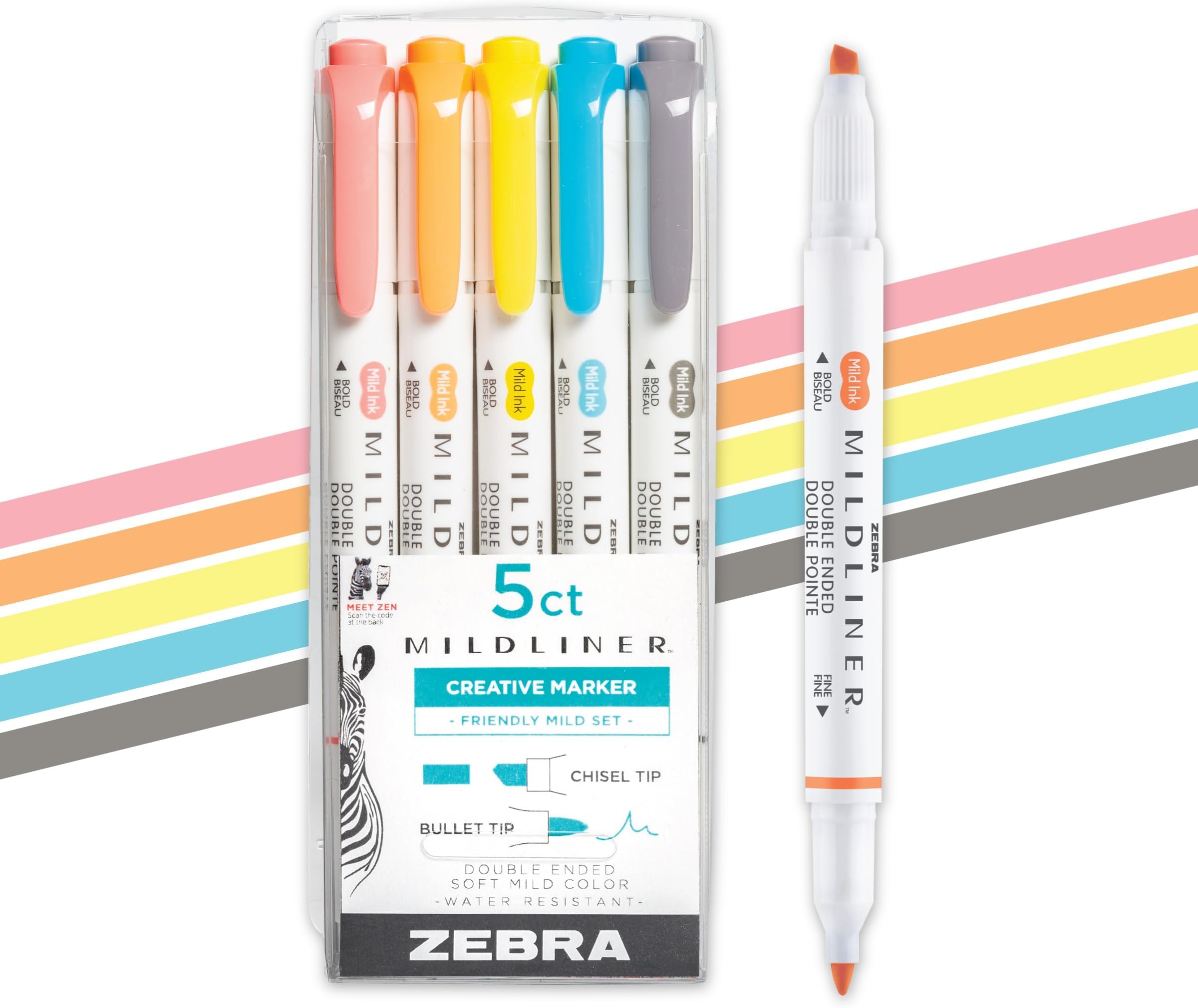 Mildliner Dual-Tip Highlighter Set, Broad and Fine Tips, No Bleed, Ideal for Bible Highlighting, Journaling, Note-Taking and School Supplies, Assorted Friendly Ink Color, 5-Pack (78505)