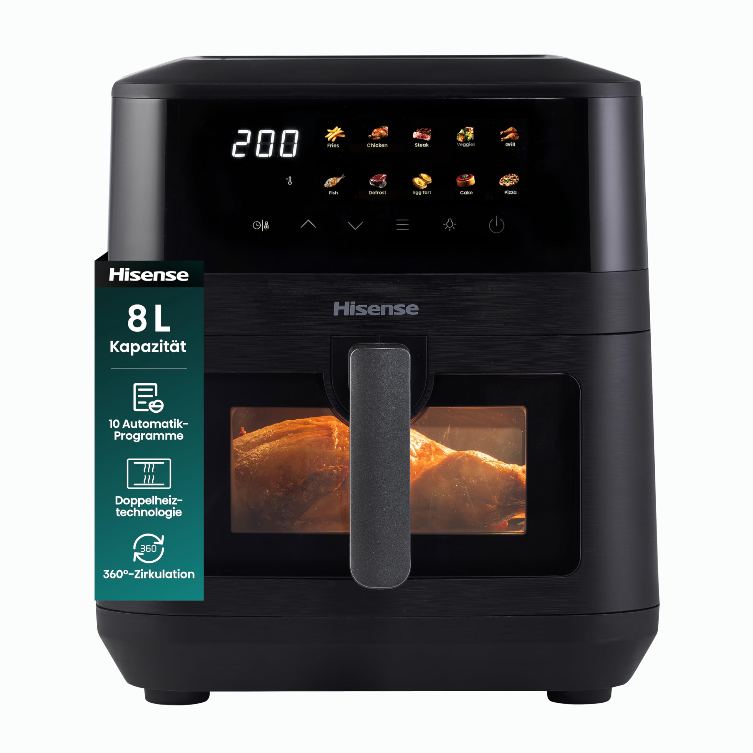 Hisense HAF2100DCD Heißluftfritteuse /2100 W /7,7 L Kapazität /10 voreingestellte Programme/Antihaft-Beschichtung/Energieeffizient/Start Delay Funktion/HxBxT: 40,1 x 31 x 35 cm/Schwarz