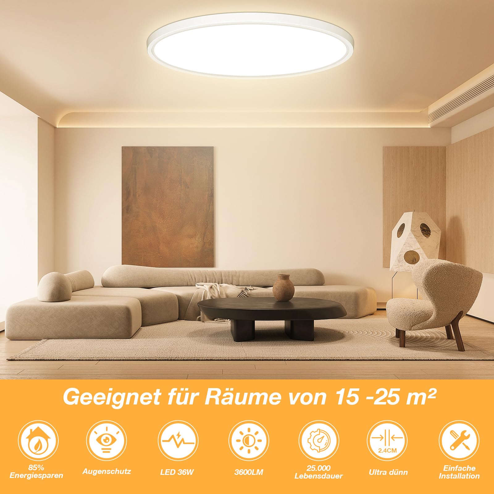 OUILA Ø40CM Plafoniera LED Soffitto 36W, 3000K Lampadario 3600LM Moderna Rotonda da Bagno IP44 Impermeabile per Camera da Letto, Cucina, Balcone, Ufficio, Soggiorno