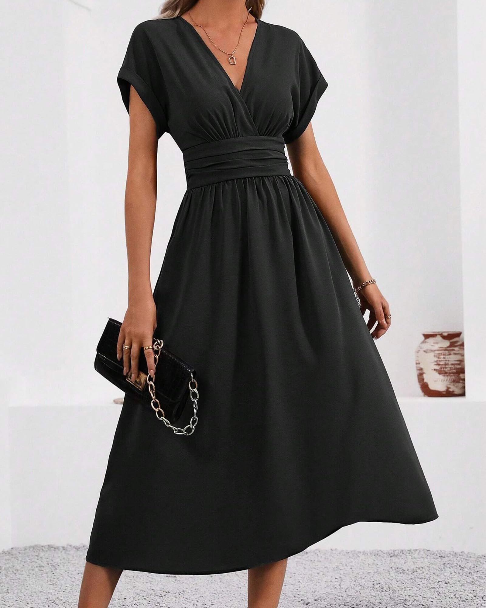 Robe Longue Femme Ete Elégante Robes de Plage Manches Courtes V Taille Haute Unie Maxi Dress Casual et Chic