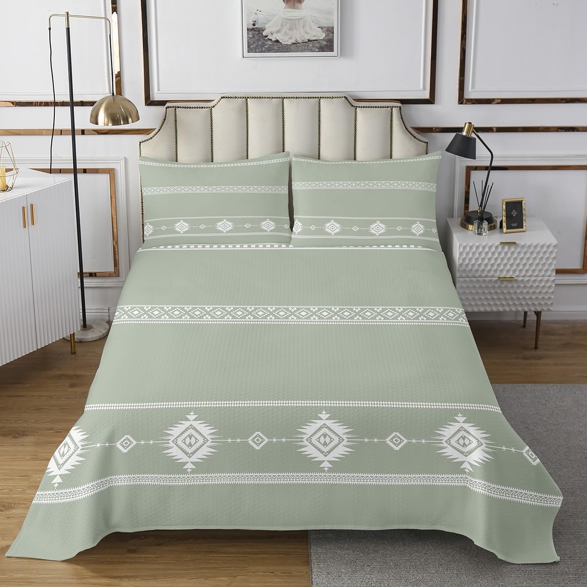 Manfei Western Cowboy Kids Bedspread King Size,Geometric Aztec Tribal Plaid Coverlet Set,Girls Boys Room Decor,Southwest Ethnic Abstract Quilted Coverlet,Rustic Farmhouse Bedding Quilt,2 Pillowcases
