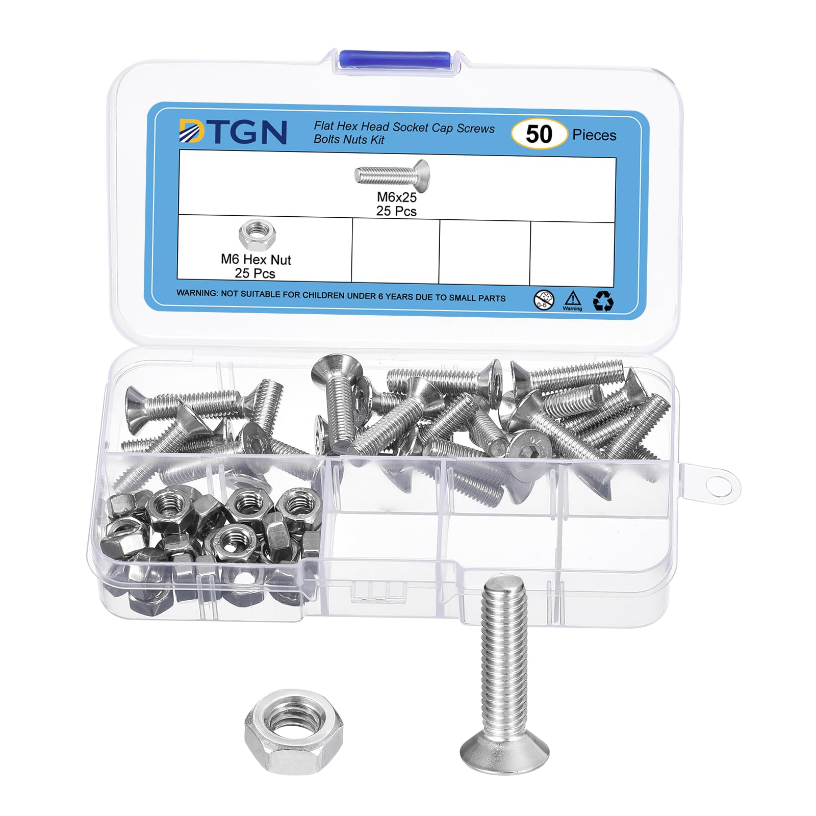 DTGN 50Pcs M6-1.0 x 25mm Flat Head Hex Socket Cap Screws Bolts Nuts Kit, 304 Stainless Steel Round Flat Metric Machine Screws