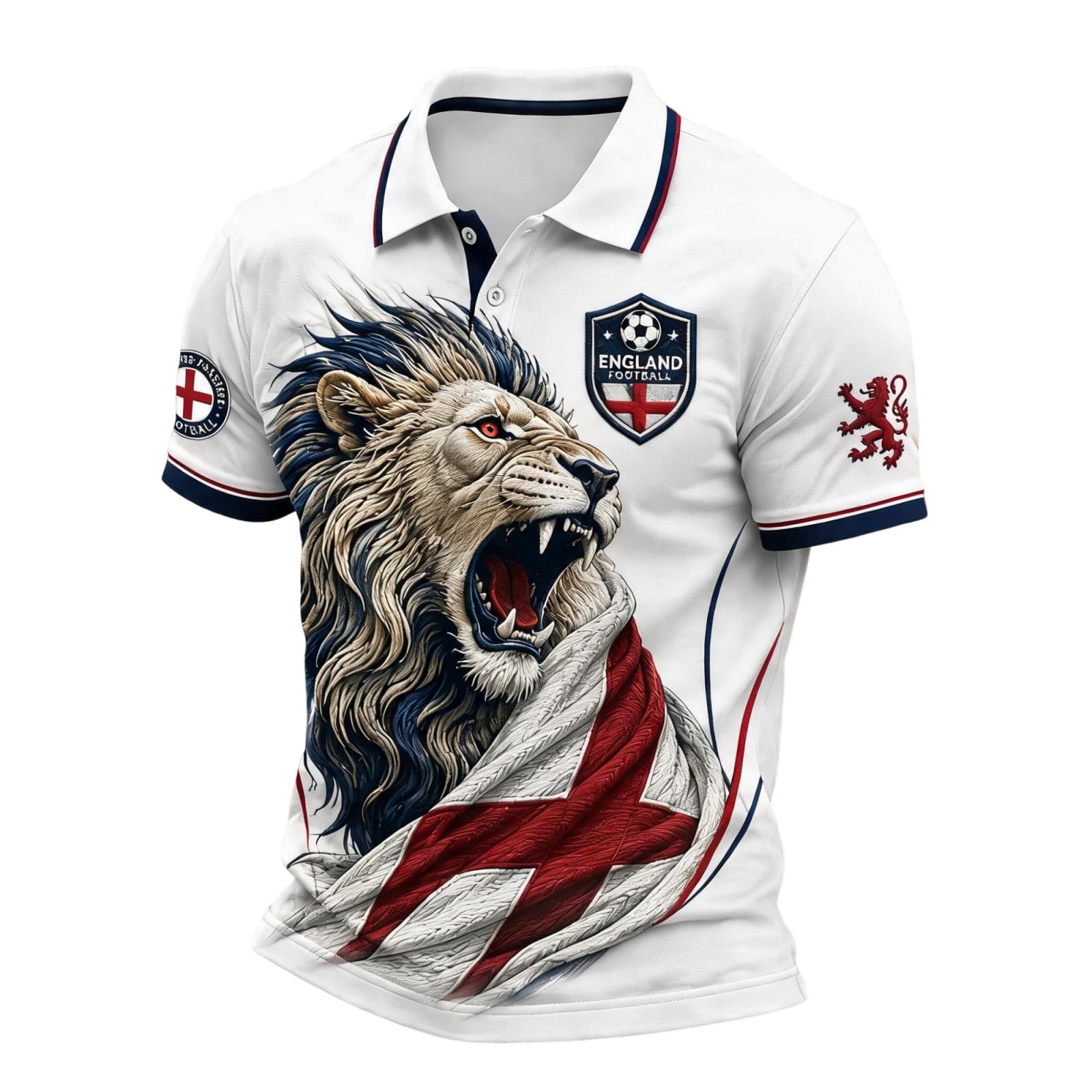 Men’s England Football Shirt 2026 with Lion Print Collared Short Sleeve Polo Shirt for Supporters of Football National Flag Casual Print Button Down Collar Top Outdoor Sports Shirts 2#Hot Pink M