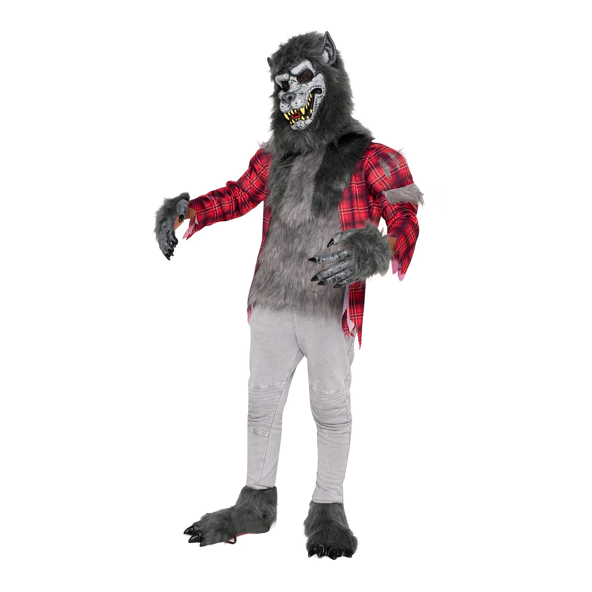 Spooktacular Creations Disfraz de Halloween de lujo de hombre lobo aullador con máscara, guantes de garras de hombre lobo, fundas para botas, disfraz de lobo para niños para Halloween-M (8-10 años)