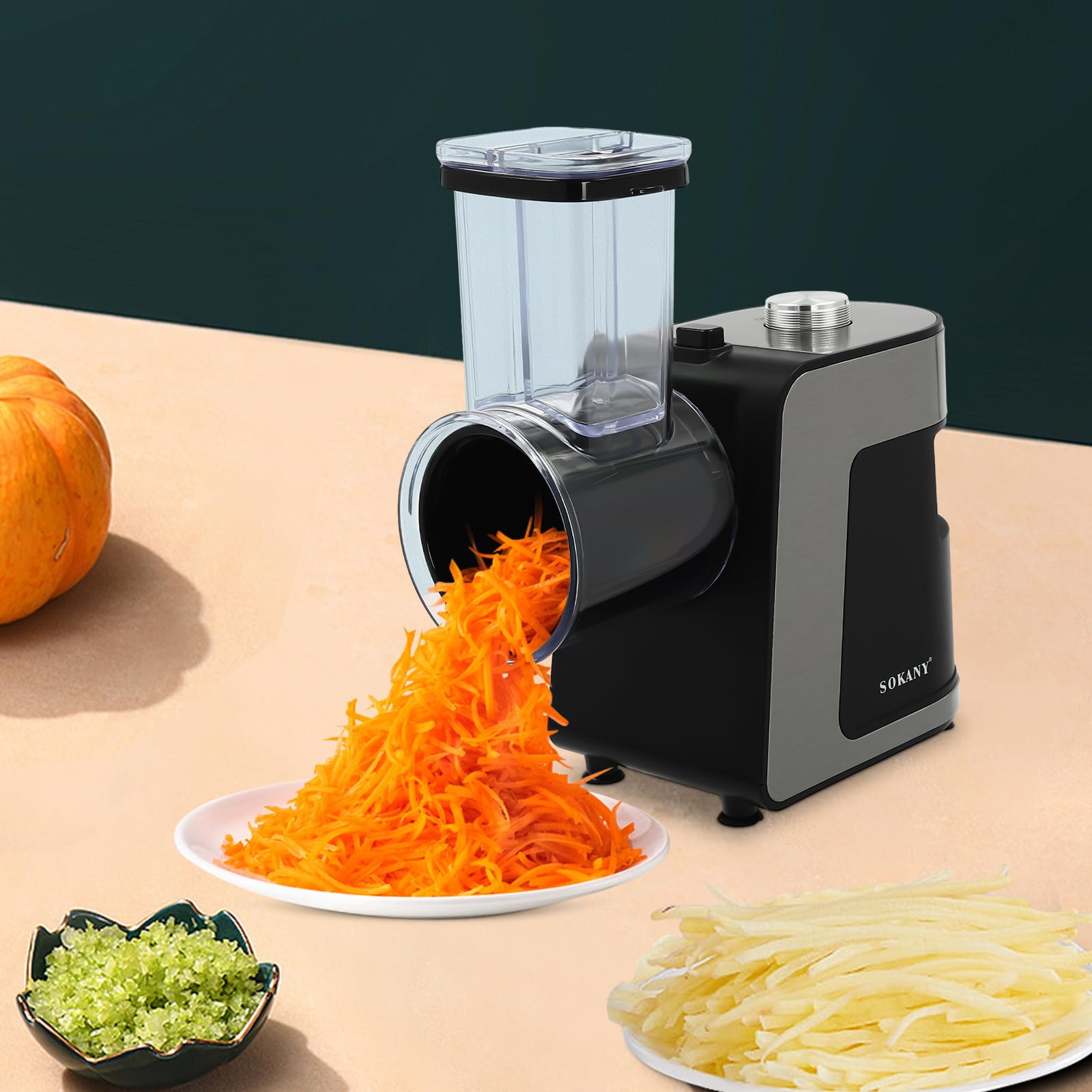 Cortador de verduras eléctrico de 1000 W, rallador de queso eléctrico, cortador de verduras con 10 cuchillas y gran boquilla de llenado, base antideslizante, rallador eléctrico para frutas, verduras y