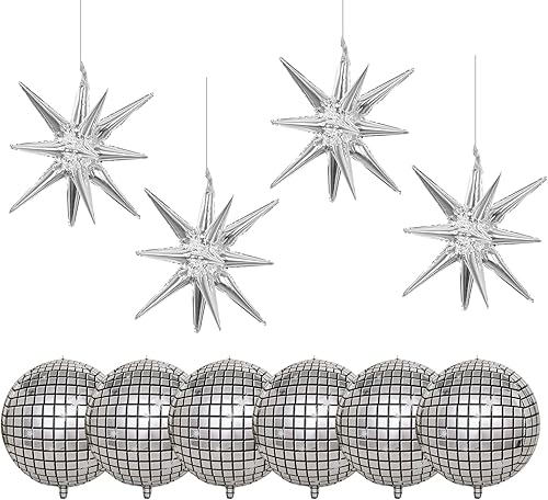 10 globos de discoteca de fiesta, 6 globos de discoteca 4D, globos metálicos de aluminio de espejo y 4 globos de cono de aluminio de explosión