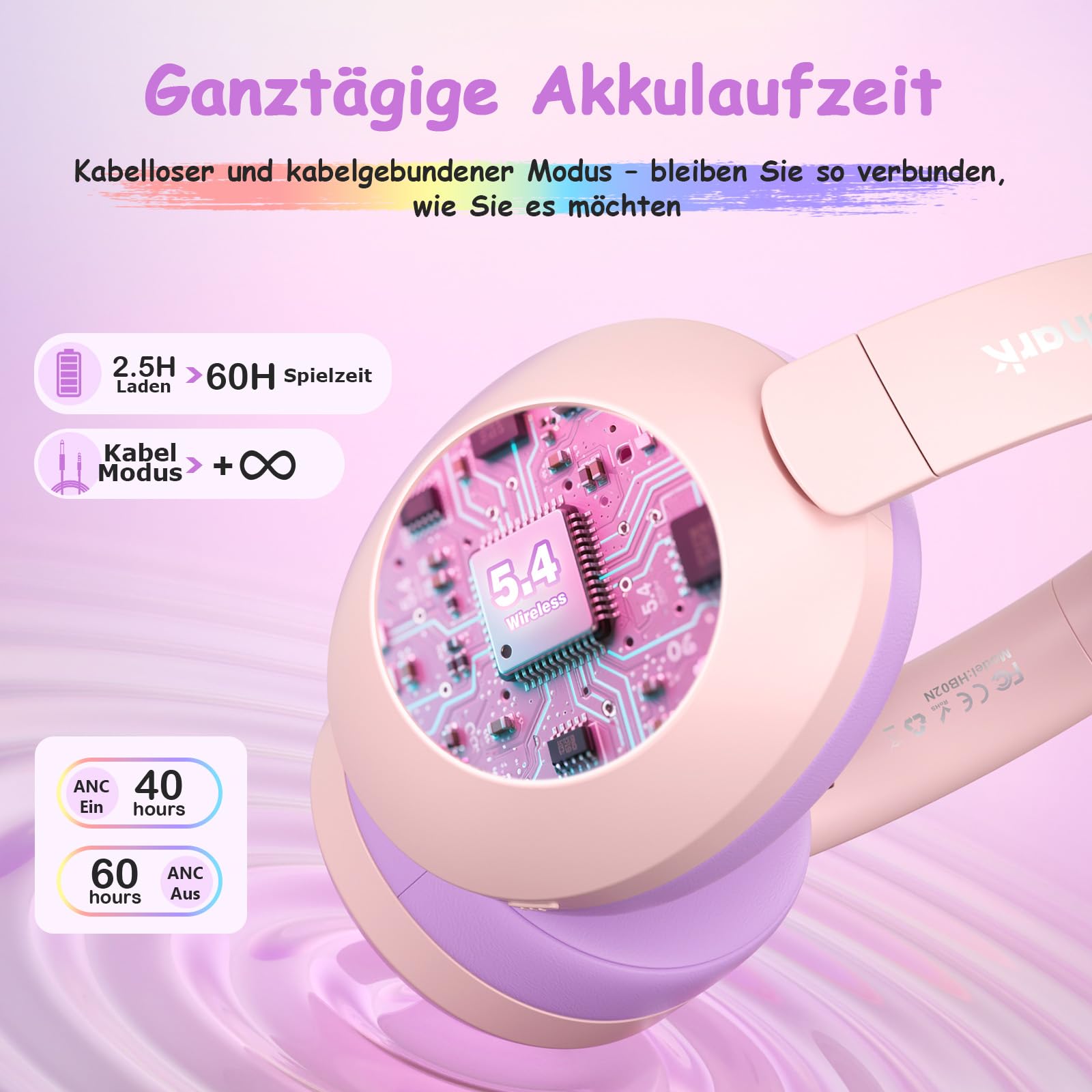 TONOSHARK Noise Cancelling Kopfhörer Kinder, Kinderkopfhörer Bluetooth, Bunte RGB LED Leuchte, 60h Spielzeit, Bluetooth 5.4, Headset Over Ear, Für Zuhause/Schule, Inkl. Kopfhörer Case (Rosa)