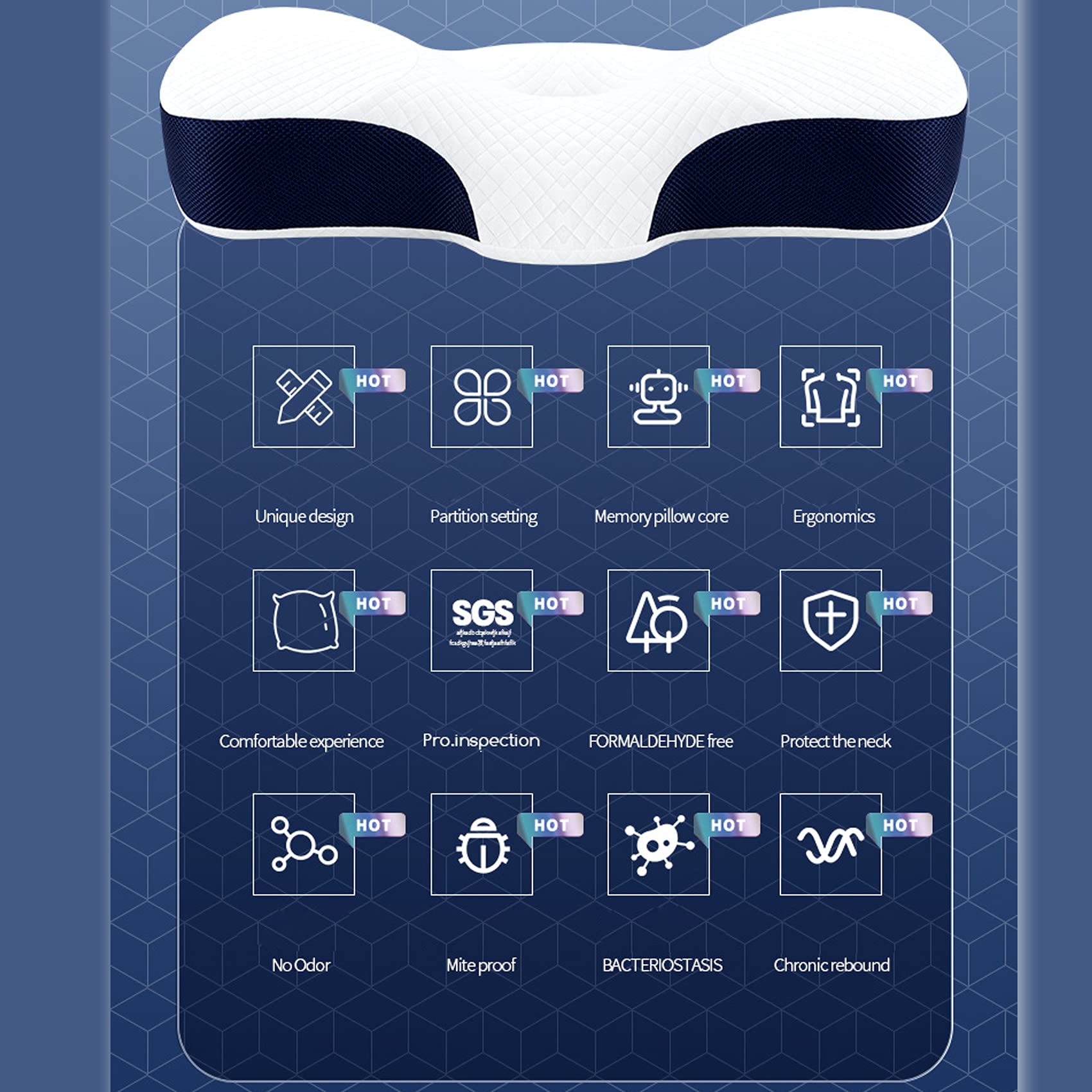 Hanzete Oreiller en mousse à mémoire de forme avec taie d'oreiller lavable en soie orthopédique ergonomique pour douleurs cervicales au cou et aux épaules pour les personnes dormant sur le côté, le