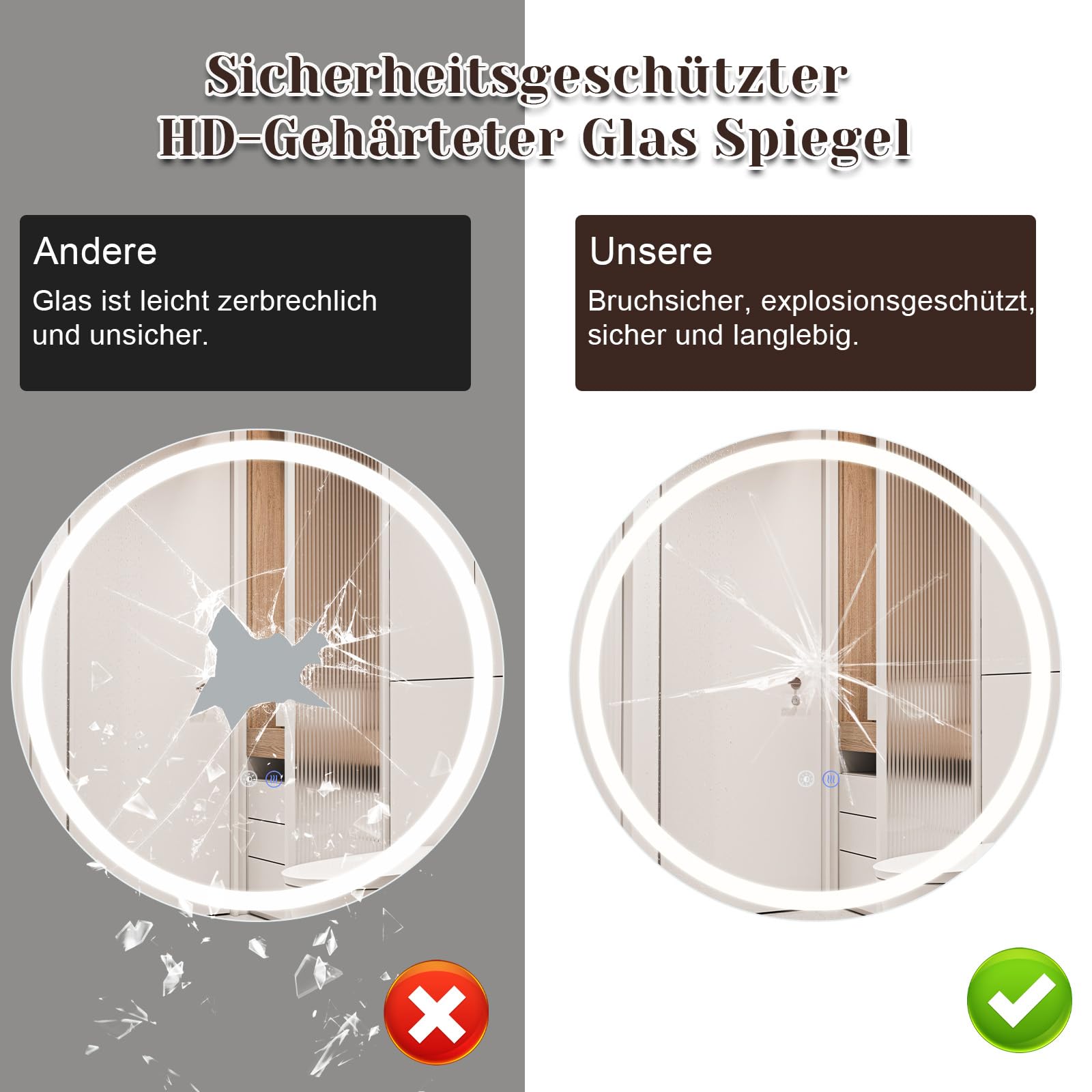 Rund Badspiegel Mit Beleuchtung - LED Bad Wand Spiegel Badezimmer Wandspiegel Mit Licht, IP44 50 cm Runder Badezimmerspiegel Bathroom Mirror Mit Beleuchtet und Entfogger-Funktion