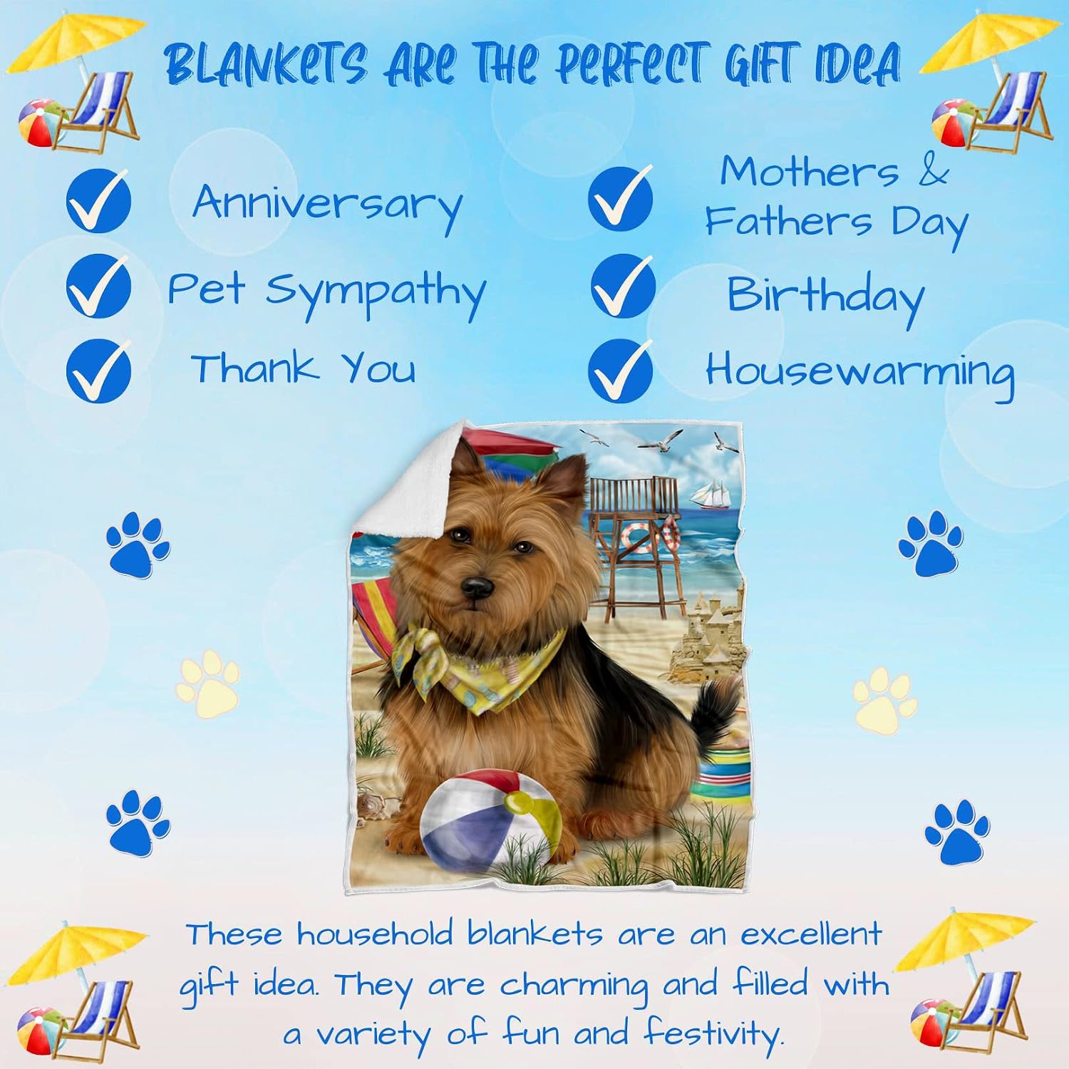 Pet Friendly Beach Australian Terrier Dog Blanket - Lightweight Super Soft Cozy and Durable Bed Blanket - Animal Theme Fuzzy Blanket for Sofa Bed Couch BLNKT55456 (50x60 Sherpa)