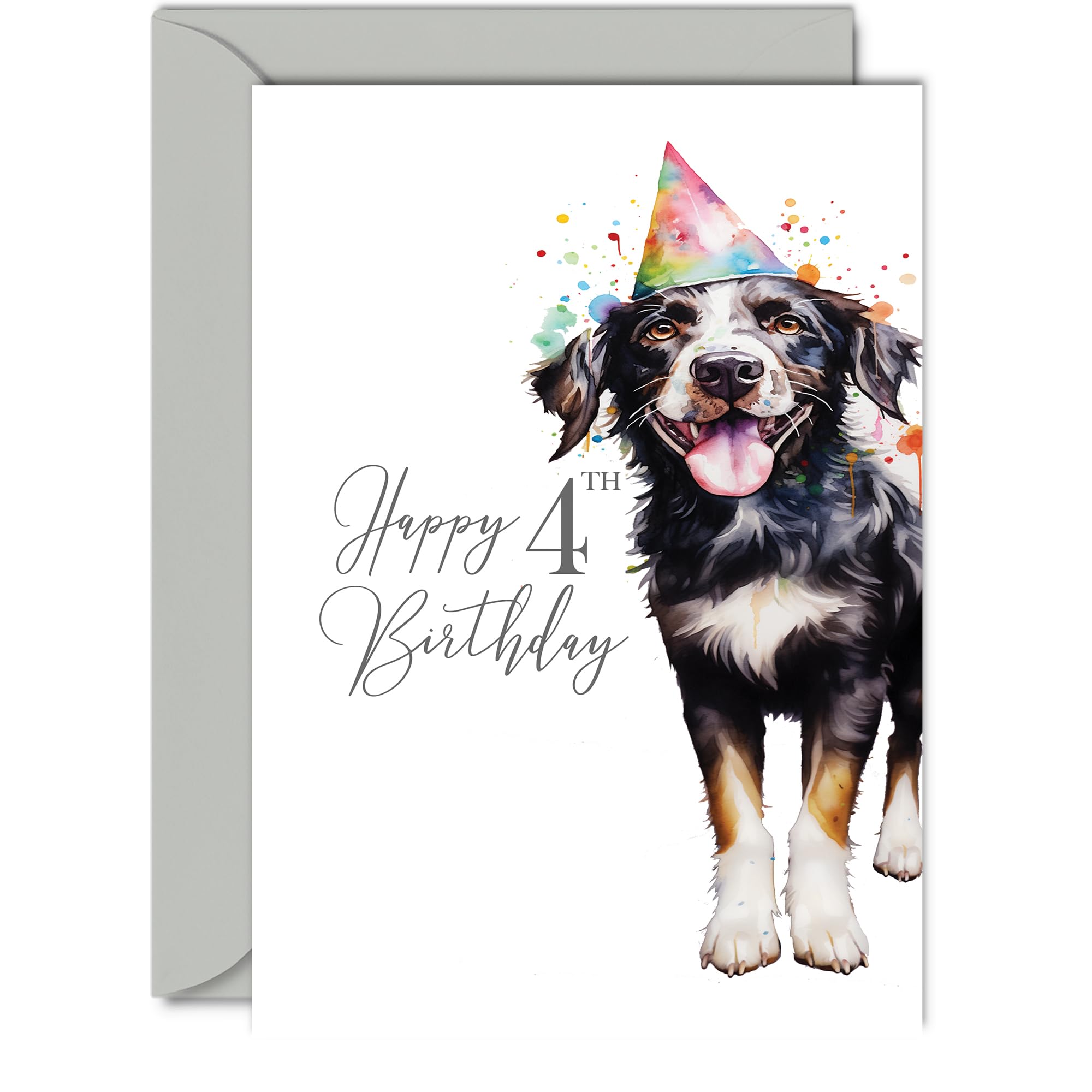 Giftzie 4th Birthday Cards for Girls Boys - Party Dog - Happy Birthday Card for 4 Year Old Girl Boy Granddaughter Grandson Daughter Son Niece Nephew,