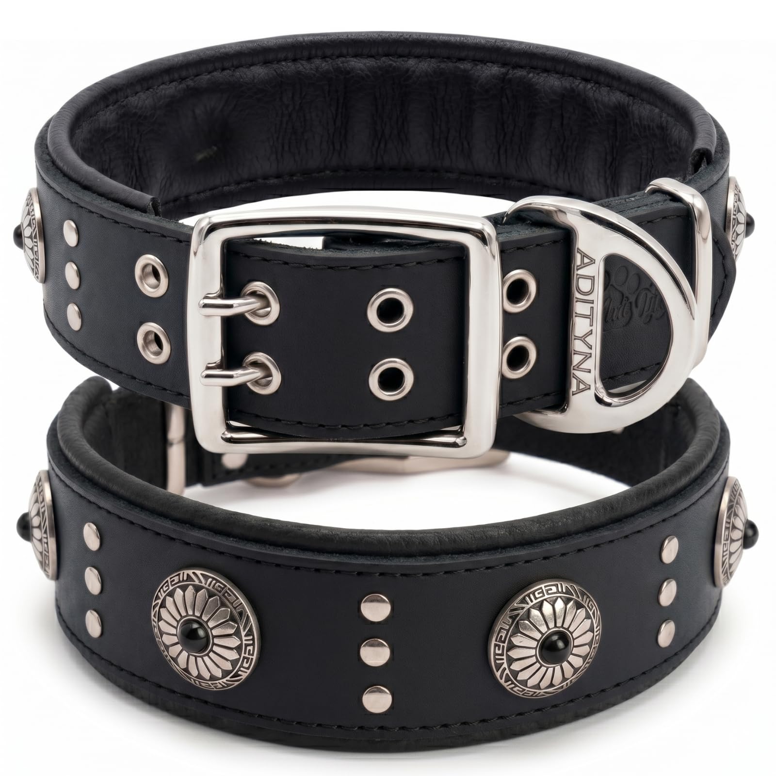 ADITYNA Hundehalsband aus Leder, mit Nieten, Größe XL, robustes Hundehalsband für extra große Hunde mit Polsterung, 4,4 cm breit, verstellbar 58,4 cm – 71,1 cm, für Deutsche Dogge, Cane Corso