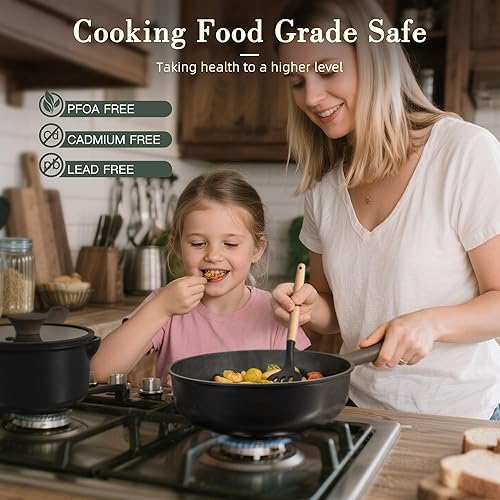 Miniatura 9 de Astercook Juego de ollas y sartenes antiadherentes, juegos de utensilios de cocina de inducción de titanio no tóxicos saludables para cocinar con