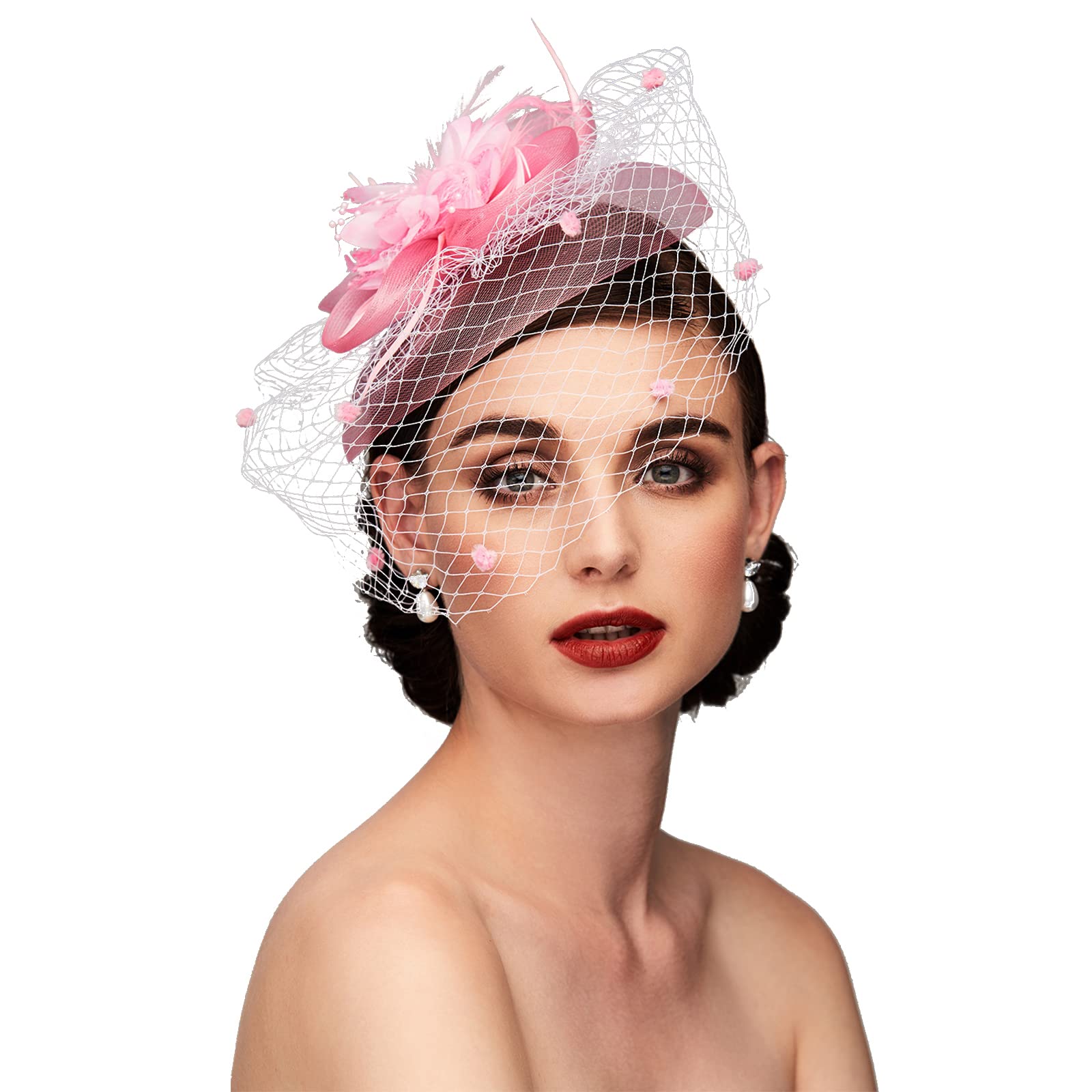TSFascinators Hat Tea Party Hat Mesh Floral Feather Hair Clip Women Fascinator Headband with Veil for Wedding Cocktail
