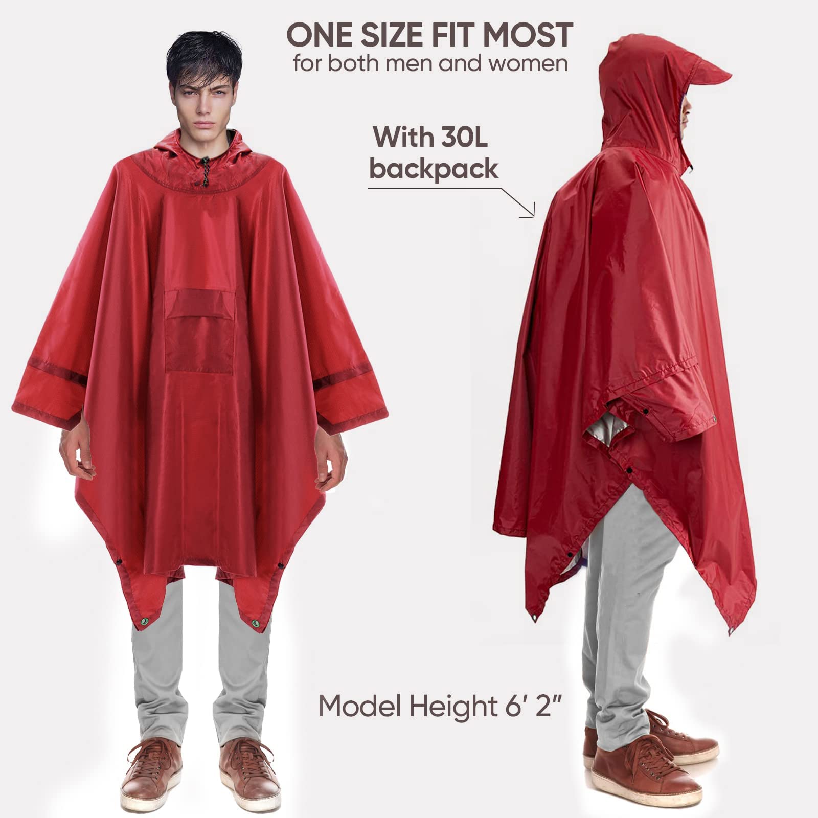 Impermeable al Aire Libre Poncho de Lluvia Multifuncional Abrigos de Lluvia con Capucha Mujeres Hombres Ropa de Lluvia roja for Acampar Camping Senderismo Impermeable de Viaje (Color : Red)