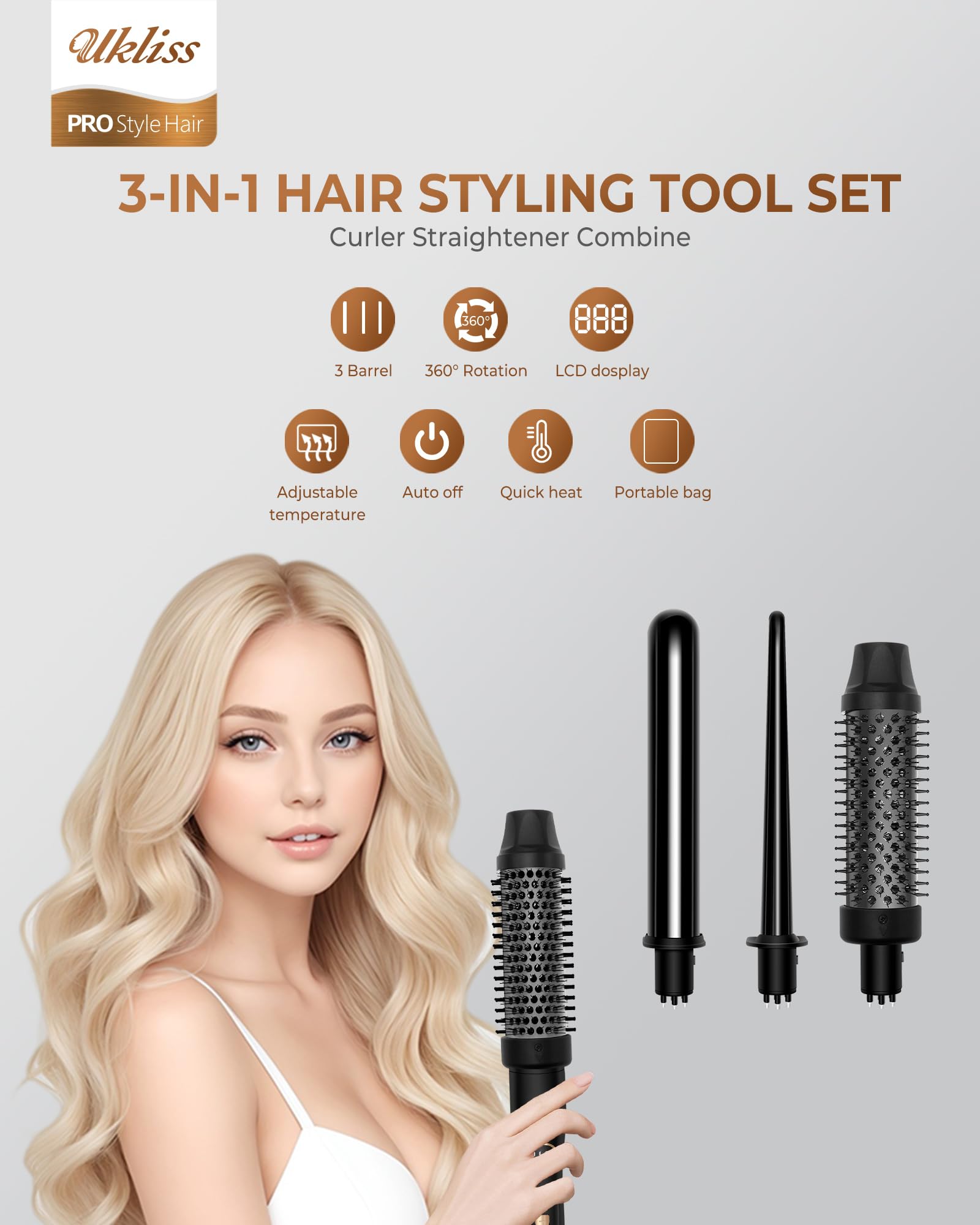 UKLISS Thermal Brush 3 en 1 Fer à Friser 9mm/19mm/28mm Curling Wand Brosse Thermique Hair Curler