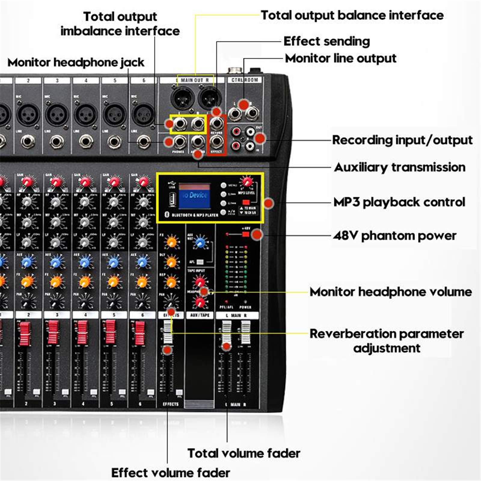 Mikser DJ, miksery na żywo 6-kanałowy kontroler miksera audio Obsługa Bluetooth USB Przenośna konsola miksująca Cyfrowy mikser dźwięku Wzmacniacz ze stołami miksującymi
