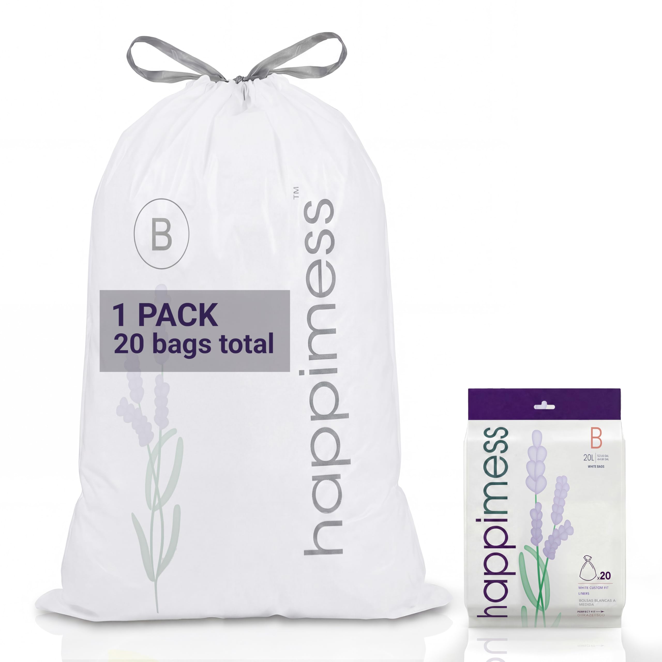happimess White (Lavender Scented) / 20 Count (Pack of 1) / 5.3 gallons Trash Bags