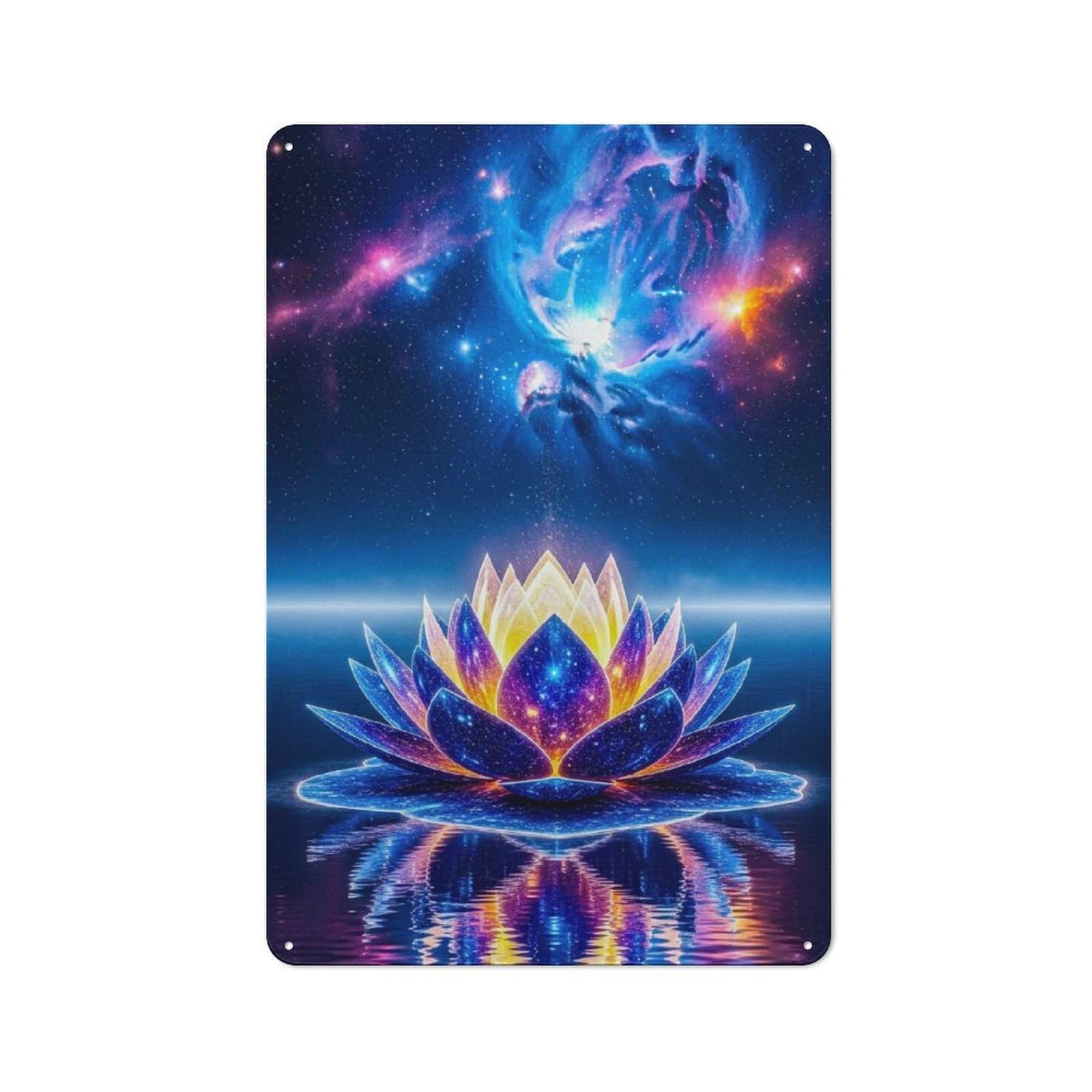Junmoney Style-16 Tin Wall Plaque 30X20cm With Cosmic Lotus Flower On Water For Hallway Wall, A Decorative Metal Sign For Hallways And Entrance Areas