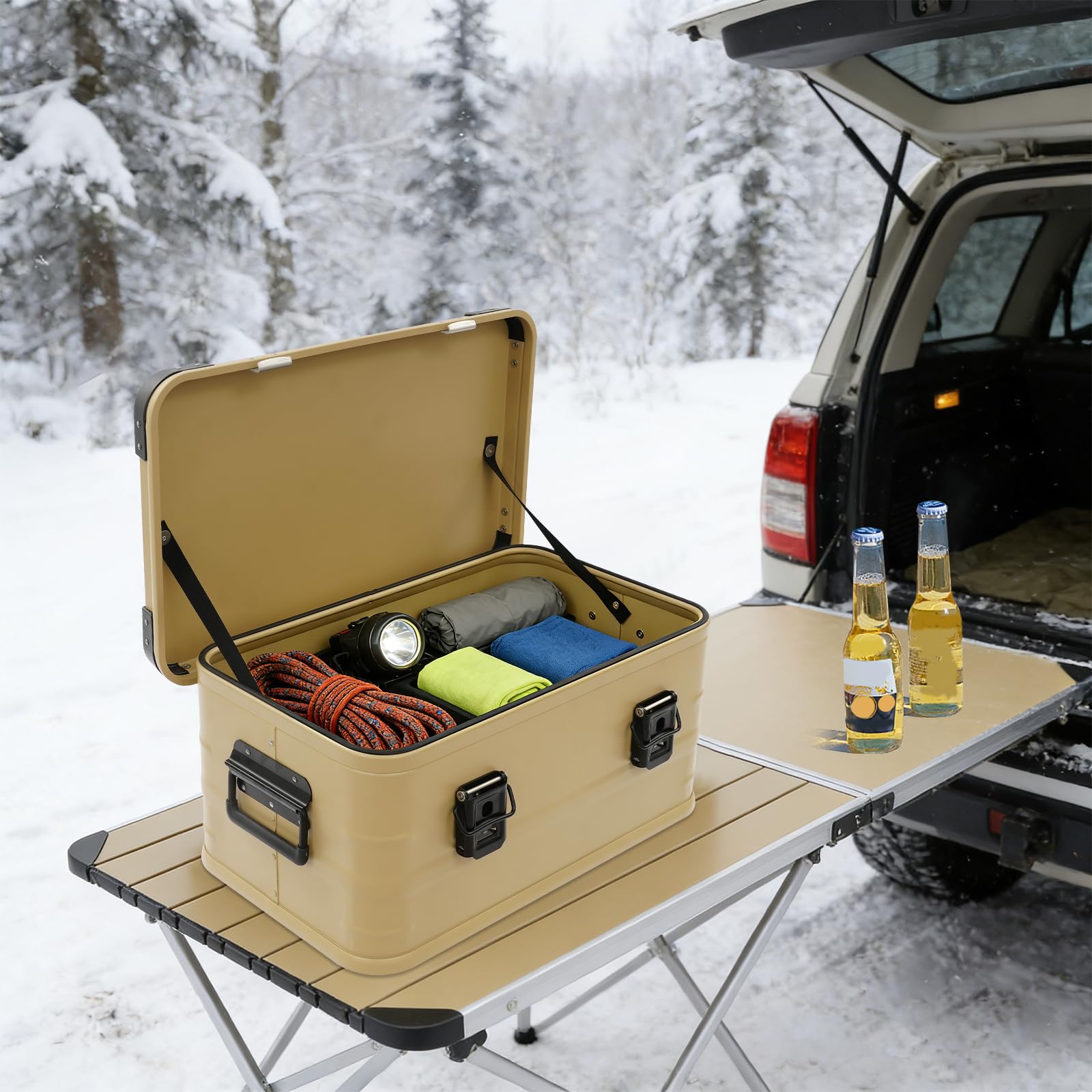 OUKANING 30L Alu Aufbewahrungsbox wasserdicht, Metallbox für Camping und Werkzeug, aluminium transport kiste mit Gummidichtung, stapelbare Outdoor-Lagerbox für Zuhause, Auto, Baustelle (Khaki)