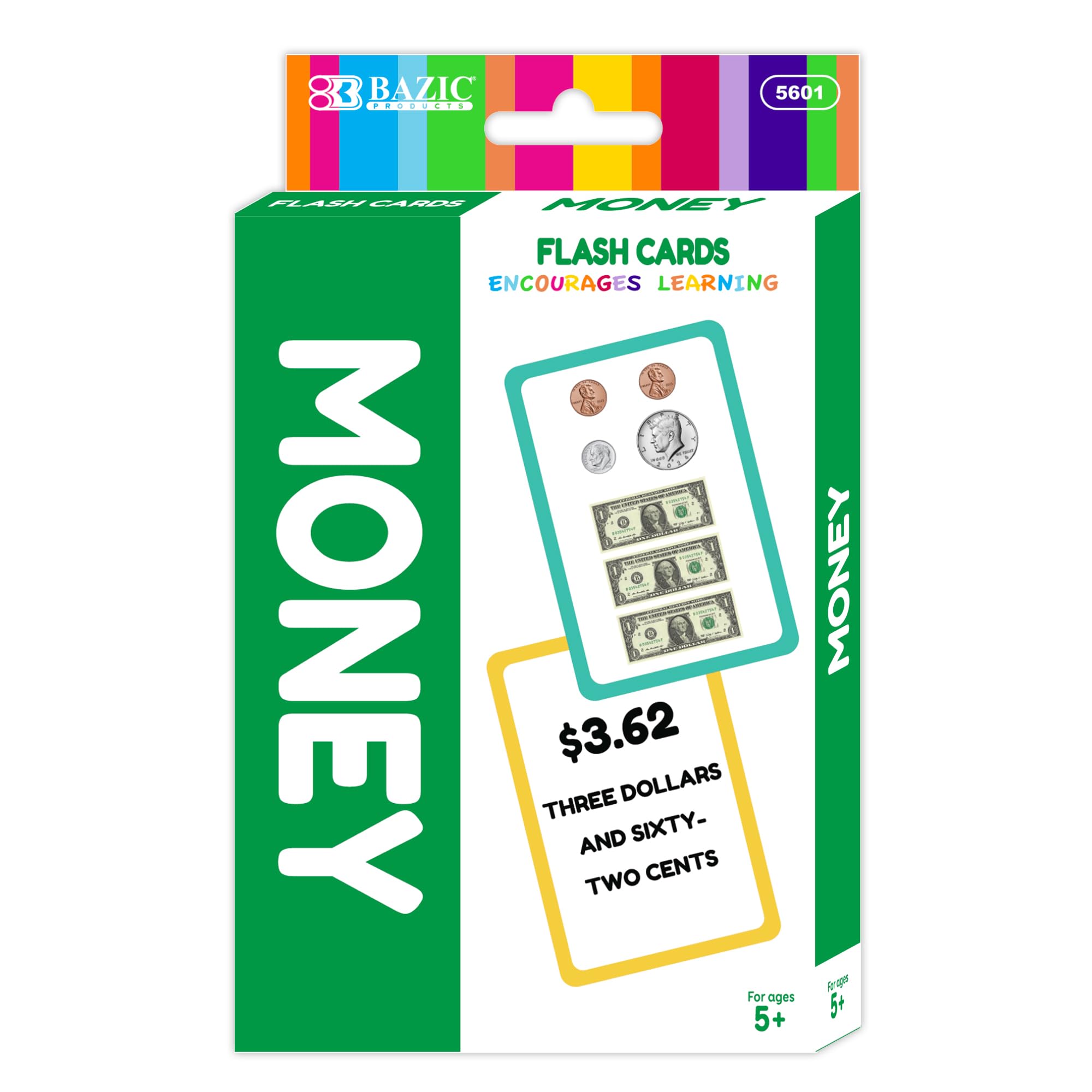 BAZIC - Schede flash per imparare a contare denaro, riconoscere banconote e monete valuta USA, gioco di apprendimento interattivo, flashcard per scuola materna e casa (confezione da 36), confezione da